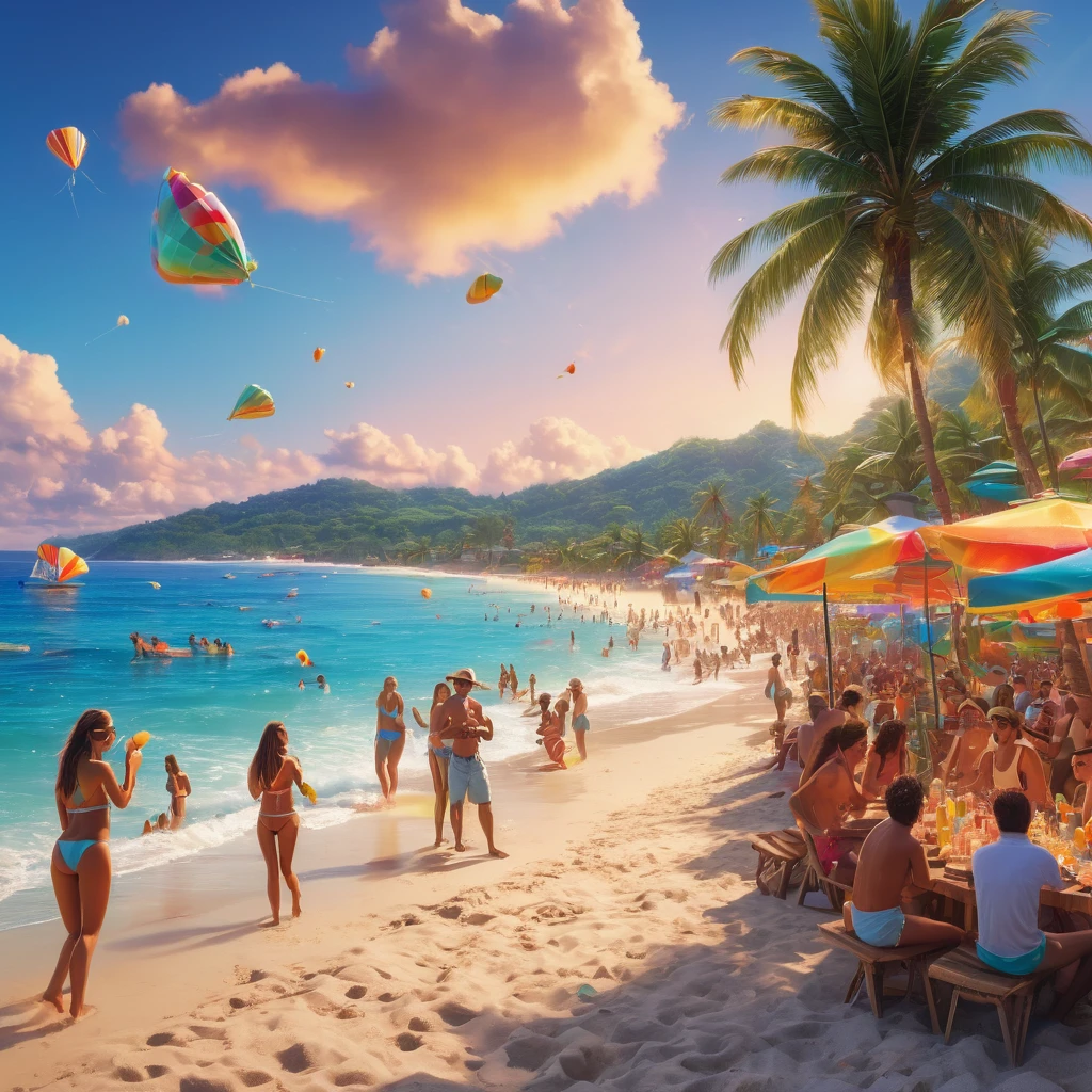a crowded beach with people dancing and enjoying the parties, aesthetic, extremely detailed, colorful umbrellas and beach chairs, refreshing drinks and cocktails, upbeat music playing in the background, beach volleyball game in progress, children building sandcastles, beautiful sunset view on the horizon, palm trees swaying in the breeze, clear blue waters with waves crashing on the shore, people wearing swimsuits and sunglasses, vibrant and energetic atmosphere, happy and smiling faces, sandy beach with seashells scattered around, sunscreen lotion and towels, beach bonfire with people roasting marshmallows and singing, fireworks lighting up the sky, beachside bar serving tropical drinks, laughter and joyful conversations, cool ocean breeze, vibrant and dynamic colors, golden sunlight reflecting on the water, beachside food stalls offering delicious snacks and seafood, beach parties decorations with banners and balloons. (best quality,4k,8k,highres,masterpiece:1.2),ultra-detailed,(realistic,photorealistic,photo-realistic:1.37), HDR, UHD, studio lighting, extreme detail description, professional, vivid colors, bokeh, beach , portraits, landscape