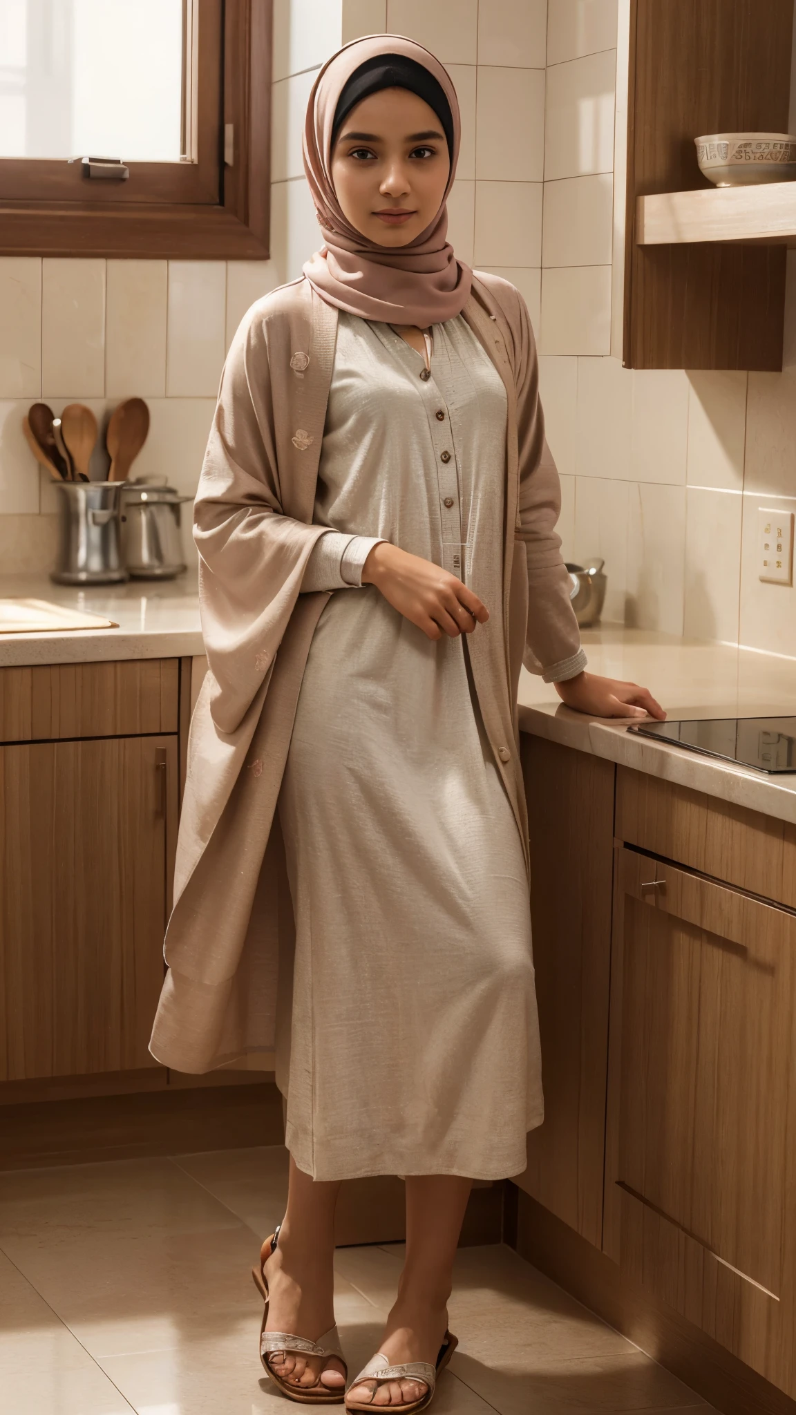 (masterpiece), (best quality), (ultra detailed),(illustration), (1man), A small and delicate young man with detailed face features wearing a perfect hijab, pastel abaya dress, cardigan, and sandals standing in the kitchen with feminine pose and shy expression, he is facing to the camera.