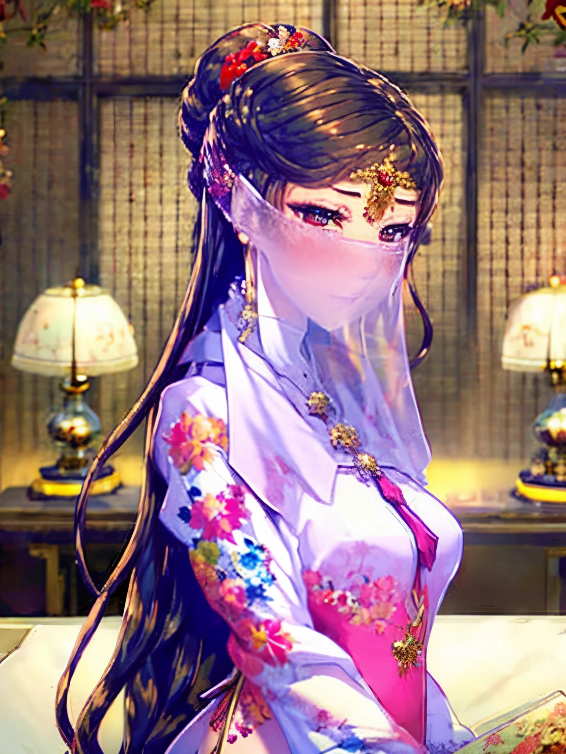 very long hair，（（（Eyes are very delicate）））（（（hair accessories）））（（（veil））），necklace，Misako wears a red transparent sexy silk dress， ((skin glowing))The room is filled with Chinese New Year decorations（（（masterpiece）））， （（best quality））， （（intricate details））， （（Surreal））（8k）