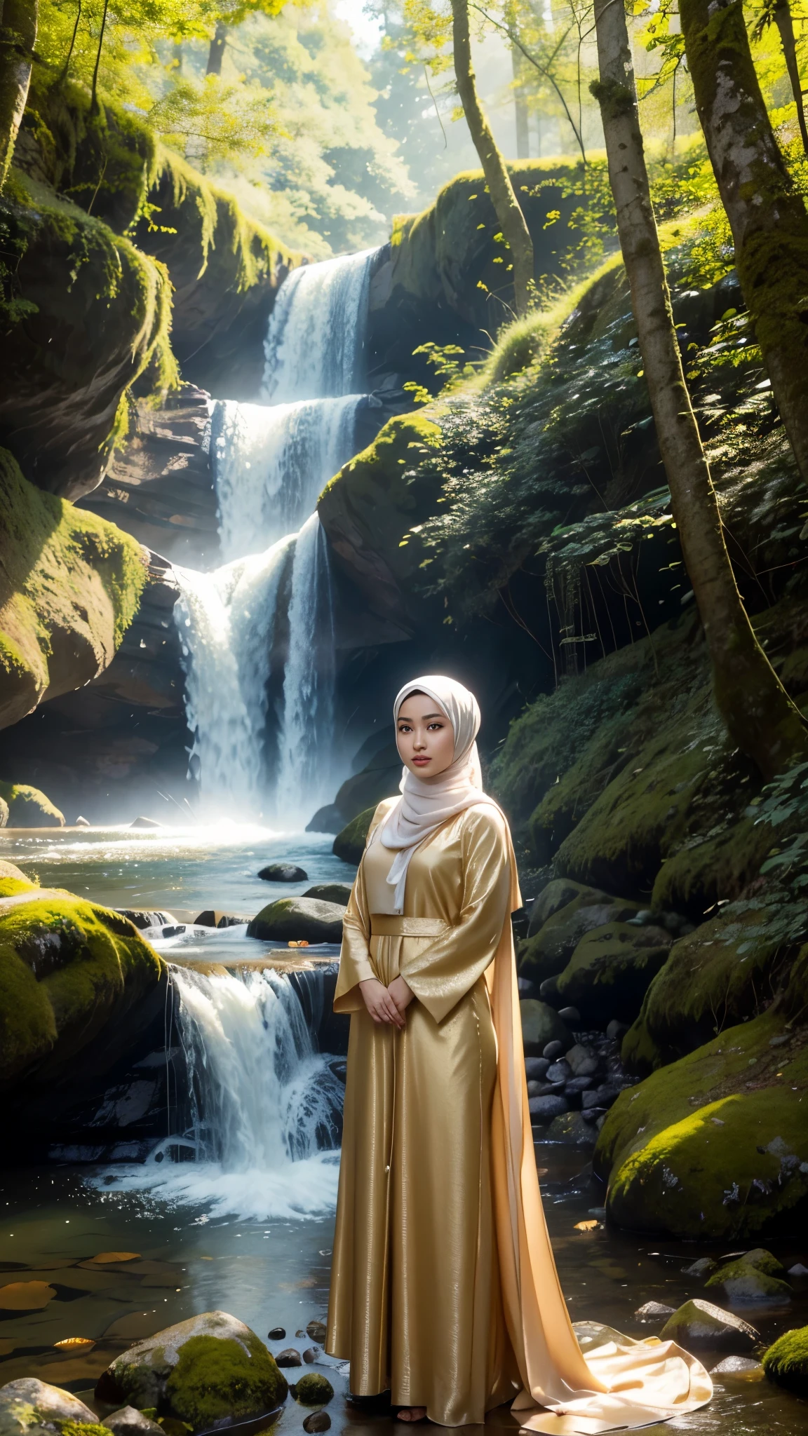 RAW, Best quality, high resolution, Masterpiece: 1.3), Beautiful Asian woman in hijab (iu:0.8),
Masterpiece, Graceful pose, Sparkling face, Long dress, Delicate curves, Sunlit forest,
Sunshine penetrating leaves, Dew drops on ferns and wildflowers,
Mystical waterfall, Moss-covered rocks, Mist rising in the air,
High resolution, High realism, Detailed face, Shiny hijab, Graceful posture.

A beautiful Asian woman in hijab stands gracefully in a sunlit forest, her hijab shimmering in the sunlight. Her curves, reminiscent of Asian