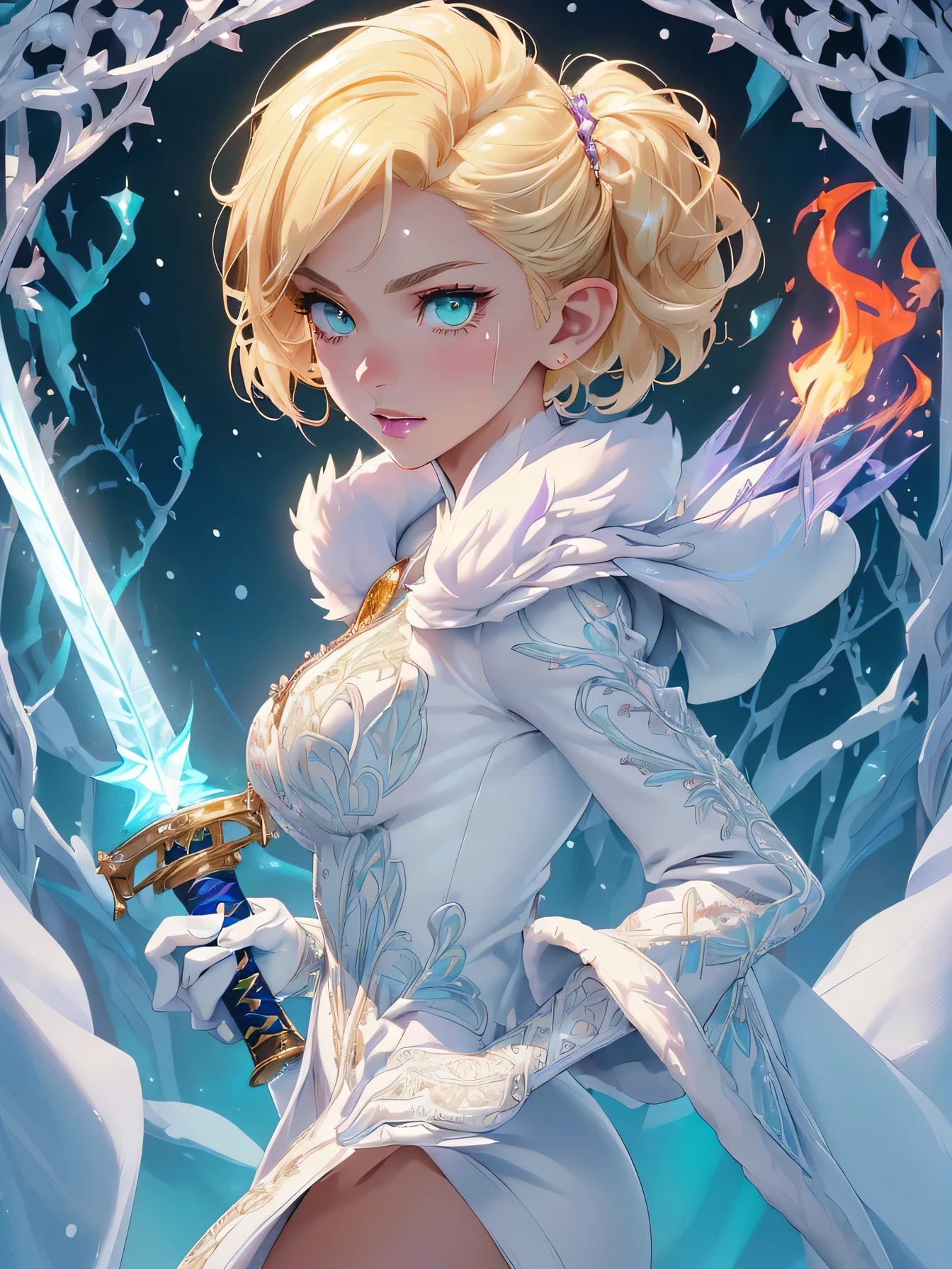 nsfw:1.1, high resolution:1.7, incredibly absurdres, kawaii:1, cute:1.5, hires.fix,anime visual:1,incredibly fine illustration,8k,masterpiece:1.2,best quality, high quality, exquisite, beautiful,insanely detailed, intricate detailed, extremely detailed, Super Definition,ultra high res, Super Resolution, best aesthetic, ultra detailed:1.5,best quality, perfect face, detailed face, masterpiece:1.2, illustration:1.2, 8k cg wallpaper, stunning art,absurdres,octane render,ultra hires, 
cute elf,((anime elf with extremely cute and beautiful blond hair)),((((blond hair:1.35,undercut blond hair,short hair)))),(((green_eyes:1.3))),intricate eyes,beautiful detailed eyes,symmetrical eyes,big eyes:1.5,enchanting bright eyes studded with gold and silver dust,(((pinky skin,glowing_skin,lustrous skin:1.5,bright skin: 1.5,skin tanned,shiny skin,very shiny skin,shiny body,plastic glitter skin,exaggerated shiny skin,illuminated skin))),upward breasts,(detailed body,(detailed face)),cute,daring,zettai ryouiki,show skin,best relationship with four fingers and one thumb,((girl trembling with sexual climax))
Break (((aqua fur coat, aqua fur coat outfit, wearing a ice dress:1.3,aqua winter coat))), ((ice dress,elegant ice dress)),(white gloves,white clothes,(((intricate outfit,intricate clothes,embroidered outfit,ornate outfit,embroidered clothes,ornate clothes))),(dynamic pose:1.0),embarrassed,(centered,scale to fit dimensions,Rule of thirds),((snowy pine forest)),winter,scenery:1.25,((intricate scenery)),((snow forest background)),(Glossy winter ornaments),highres,sharp focus,(ultra detailed,extremely detailed),(photorealistic artwork:1.37),(extremely detailed CG unity 8k wallpaper),(((vibrant colors,vibrant theme))),(intricate),full body,(perfect body),ninja, (red fire:1.5), (holding white flame sword:1.5), (holding blue energy sword:1.3), (purple flame katana:1.3), (swing a purple flame sword:1.3),battle,fight,(action pose: 1.4),(vengeful spirit come's attack), (vs vengeful spirit),(p
