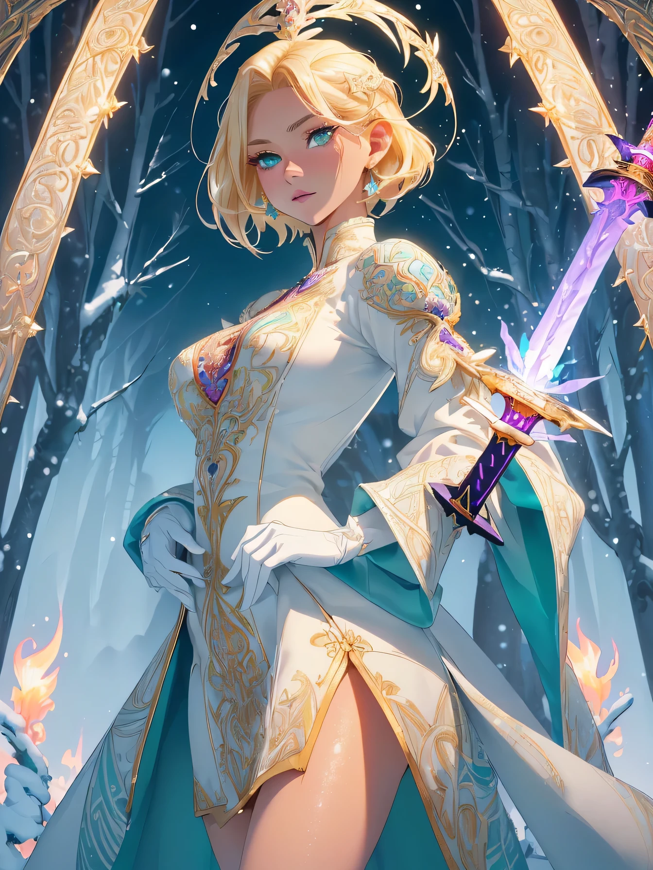 nsfw:1.1, high resolution:1.7, incredibly absurdres, kawaii:1, cute:1.5, hires.fix,anime visual:1,incredibly fine illustration,8k,masterpiece:1.2,best quality, high quality, exquisite, beautiful,insanely detailed, intricate detailed, extremely detailed, Super Definition,ultra high res, Super Resolution, best aesthetic, ultra detailed:1.5,best quality, perfect face, detailed face, masterpiece:1.2, illustration:1.2, 8k cg wallpaper, stunning art,absurdres,octane render,ultra hires,
cute elf,((anime elf with extremely cute and beautiful blond hair)),((((blond hair:1.35,undercut blond hair,short hair)))),(((green_eyes:1.3))),intricate eyes,beautiful detailed eyes,symmetrical eyes,big eyes:1.5,enchanting bright eyes studded with gold and silver dust,(((pinky skin,glowing_skin,lustrous skin:1.5,bright skin: 1.5,skin tanned,shiny skin,very shiny skin,shiny body,plastic glitter skin,exaggerated shiny skin,illuminated skin))),upward breasts,(detailed body,(detailed face)),cute,daring,zettai ryouiki,show skin,best relationship with four fingers and one thumb,((girl trembling with sexual climax))
Break (((aqua fur coat, aqua fur coat outfit, wearing a ice dress:1.3,aqua winter coat))), ((ice dress,elegant ice dress)),(white gloves,white clothes,(((intricate outfit,intricate clothes,embroidered outfit,ornate outfit,embroidered clothes,ornate clothes))),(dynamic pose:1.0),embarrassed,(centered,scale to fit dimensions,Rule of thirds),((snowy pine forest)),winter,scenery:1.25,((intricate scenery)),((snow forest background)),(Glossy winter ornaments),highres,sharp focus,(ultra detailed,extremely detailed),(photorealistic artwork:1.37),(extremely detailed CG unity 8k wallpaper),(((vibrant colors,vibrant theme))),(intricate),full body,(perfect body),ninja, (red fire:1.5), (holding white flame sword:1.5), (holding blue energy sword:1.3), (purple flame katana:1.3), (swing a purple flame sword:1.3),battle,fight,(action pose: 1.4),(vengeful spirit come's attack), (vs vengeful spirit),(p