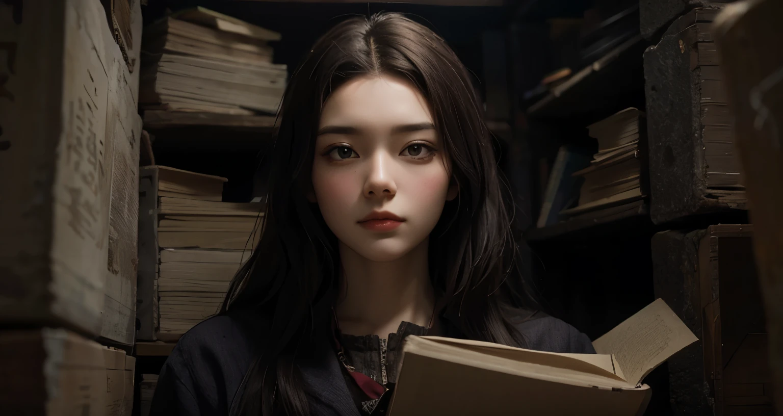A beautiful woman looking straight at the camera with a challenging expression. Twenty years old. Dark brown hair. In front of her lies a secret ancient document that has been passed down since ancient times. The location is in a dark basement.