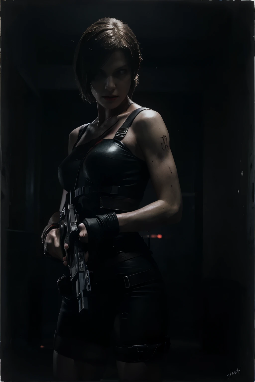 Illustration, abstract, resident evil 3, jill valentine,aiming weapon, night, darkness, red-black tint, horror art, art by Jan Saudek