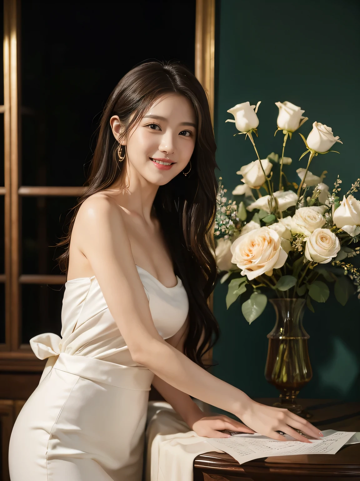 Female singer holding sheet music in both hands,Giorgione painting style,roses in vase、fruits、Cute trinkets、smile、ancient greek costume、Background is a forest lake at night 、Clothes that stretch your shoulders、A big smile、beautiful bare skin,out her body.
