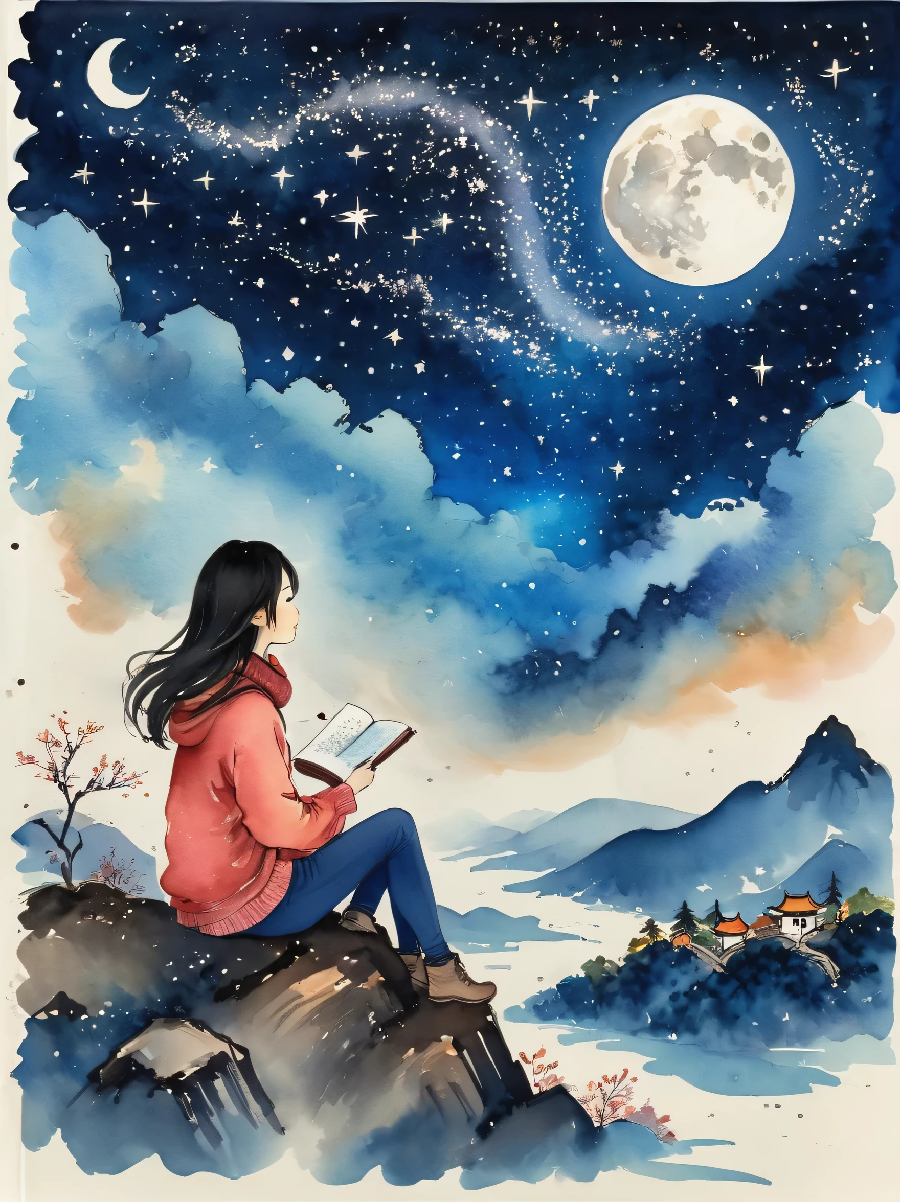 super detailed，Chinese ink style，Chinese Dream Landscape，(best quality, masterpiece:1.2), A girl sits on a hill in the mountains, Stare at the stars. She was alone, but not alone. She felt connected to the vast universe above. She is wearing a warm sweater and a scarf, A cup of hot chocolate in hand. Next to her is a sketchbook and some colored red pencils, But she is too fascinated by the night sky，can&#39;t draw anything. what does she want to know&#39;beyond the stars, and her place in the world... She smiled and closed her eyes, Feel the sense of peace and wonder