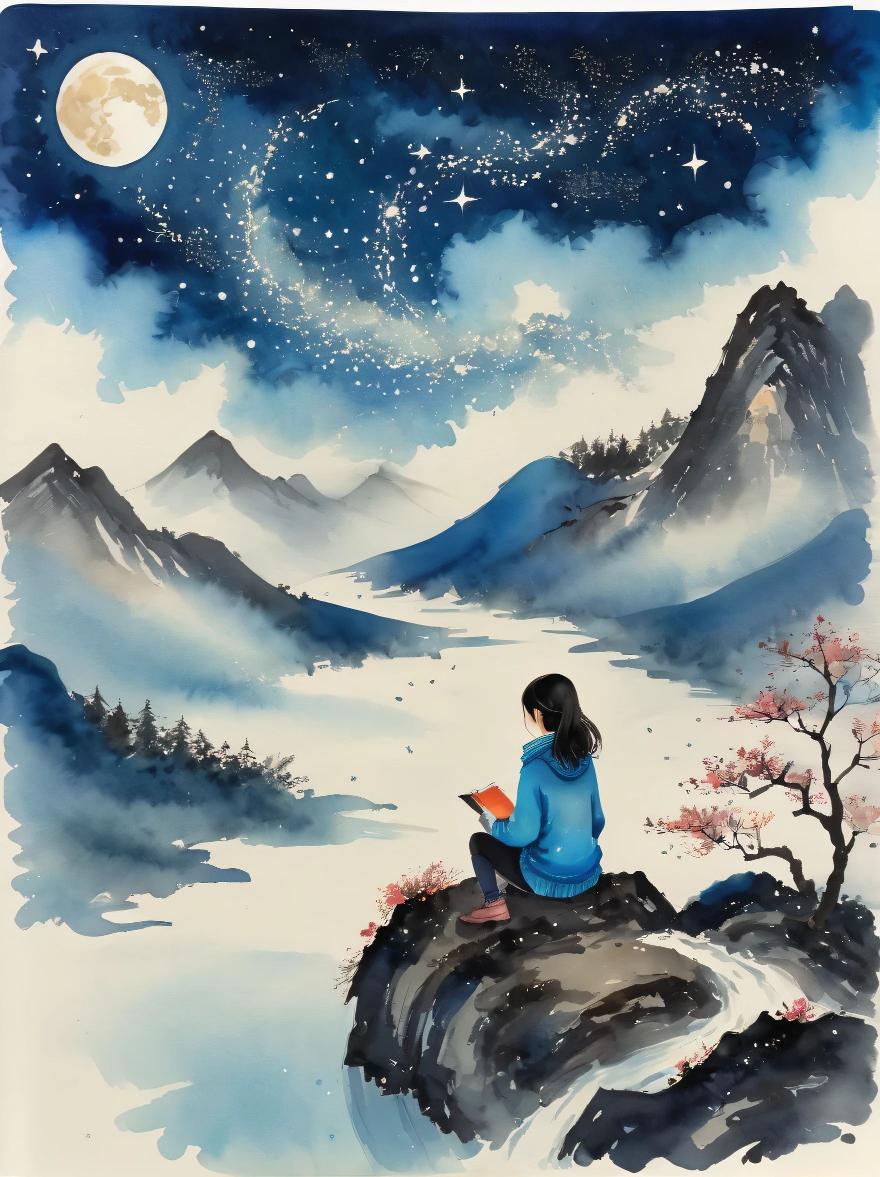 super detailed,Chinese ink style,Chinese Dream Landscape,(best quality, masterpiece:1.2), A girl sits on a hill in the mountains, Stare at the stars. She was alone, but not alone. She felt connected to the vast universe above. She is wearing a warm sweater and a scarf, A cup of hot chocolate in hand. Next to her is a sketchbook and some colored red pencils, But she is too fascinated by the night sky,can't draw anything. what does she want to know'beyond the stars, and her place in the world... She smiled and closed her eyes, Feel the sense of peace and wonder
