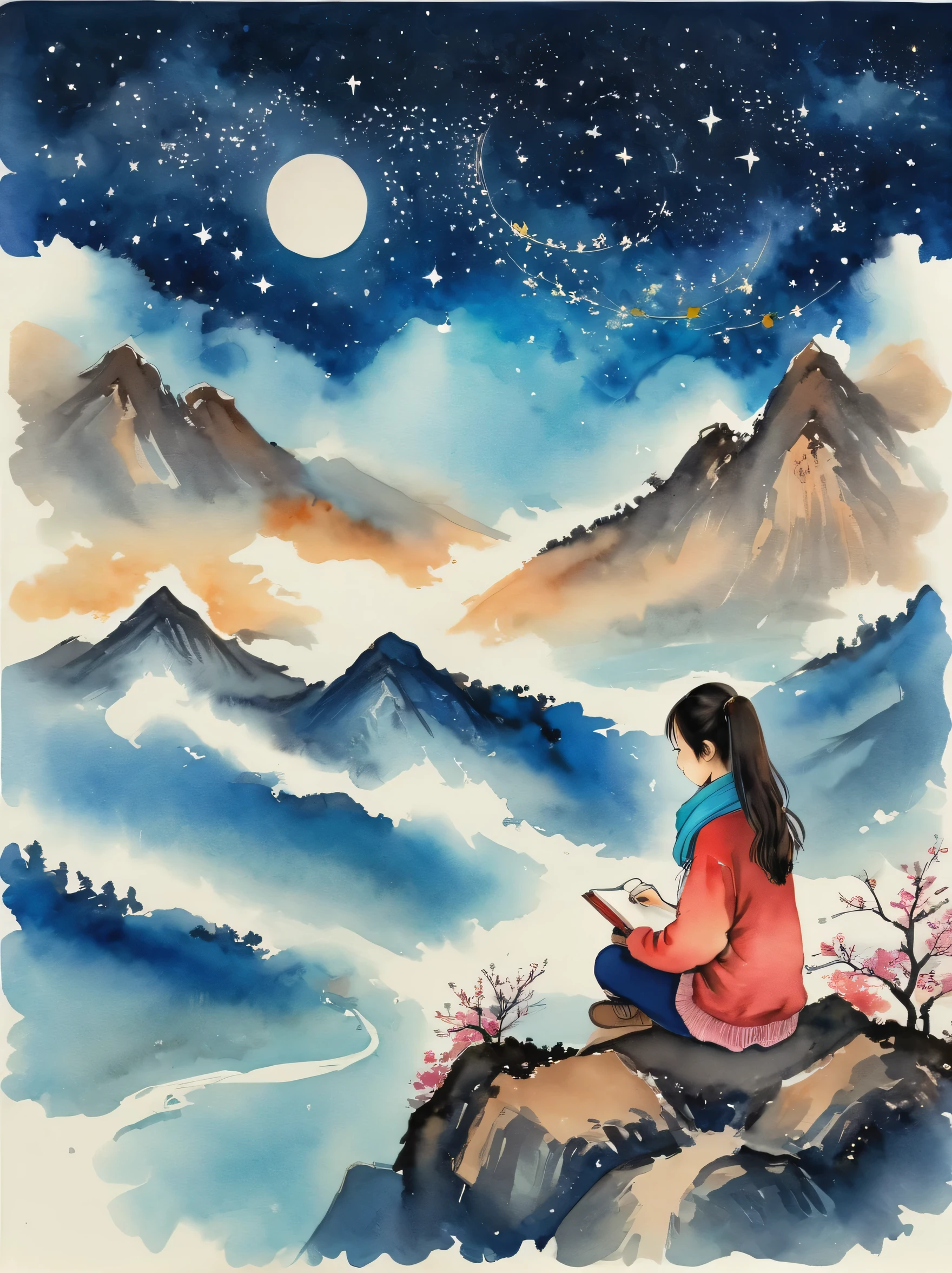 super detailed，Chinese ink style，Chinese Dream Landscape，(best quality, masterpiece:1.2), A girl sits on a hill in the mountains, Stare at the stars. She was alone, but not alone. She felt connected to the vast universe above. She is wearing a warm sweater and a scarf, A cup of hot chocolate in hand. Next to her is a sketchbook and some colored red pencils, But she is too fascinated by the night sky，can&#39;t draw anything. what does she want to know&#39;beyond the stars, and her place in the world... She smiled and closed her eyes, Feel the sense of peace and wonder