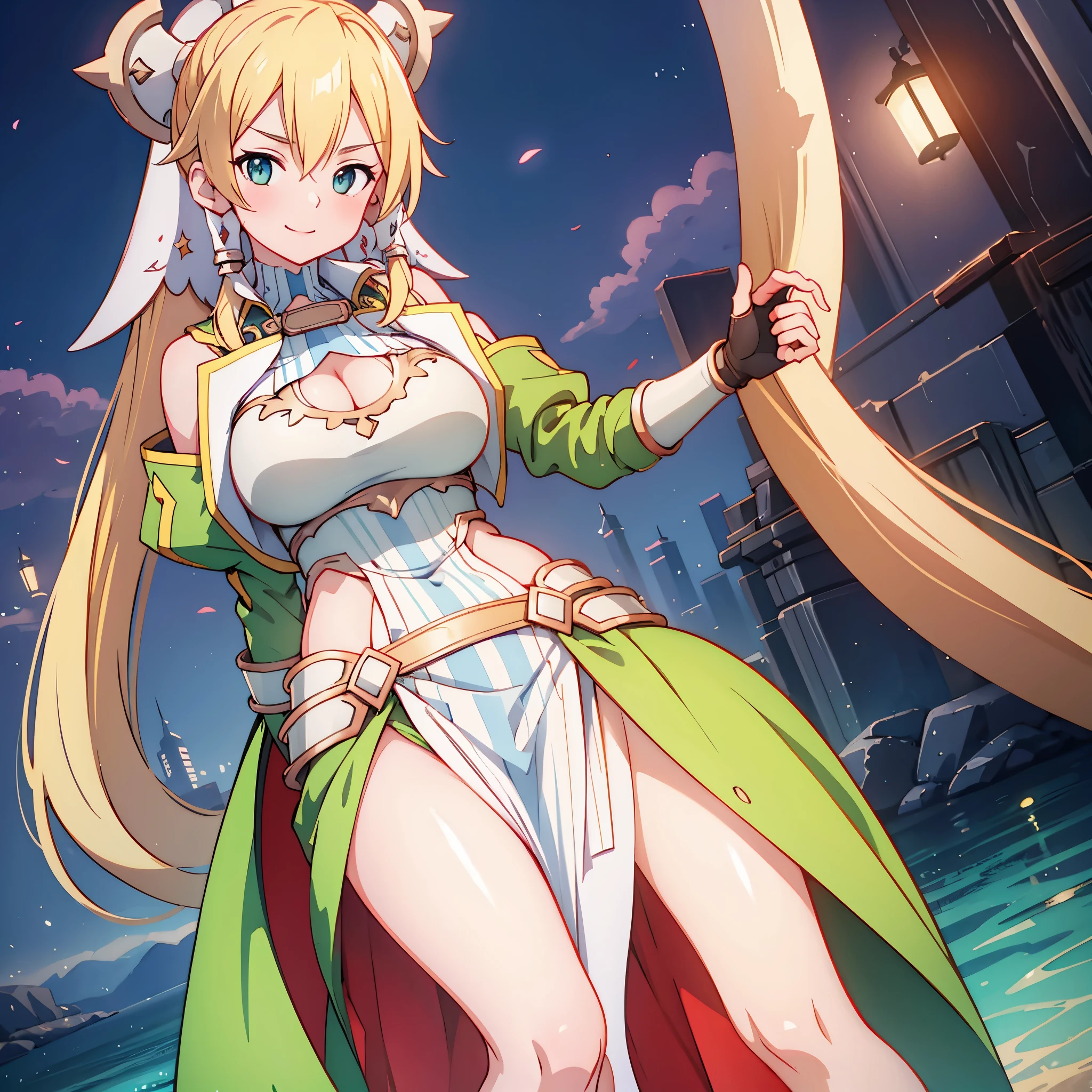 tall, curvy, big breasts, femdom, holds and lifts breasts, shot from below, watching at me, smile, holy swords with blood