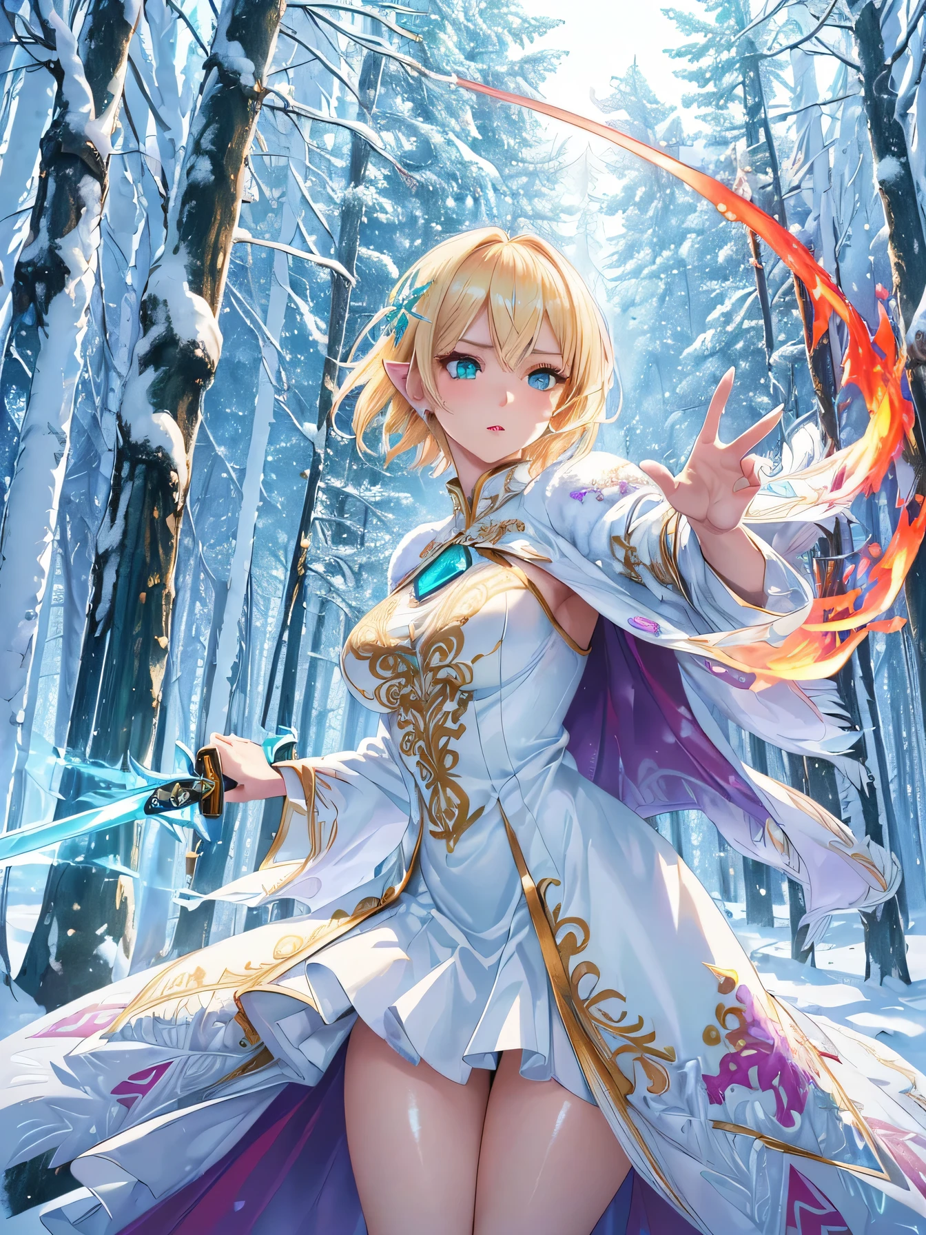 nsfw:1.1,high resolution:1.7,incredibly absurdres,kawaii:1,cute:1.5, hires.fix,incredibly fine illustration,masterpiece:1.2,best quality,high quality,exquisite,beautiful,insanely detailed,intricate detailed,extremely detailed,Super Definition,ultra high res,Super Resolution,best aesthetic, ultra detailed:1.5,best quality,perfect face,detailed face,8k cg wallpaper, stunning art,absurdres,octane render,ultra hires,1girl,cute elf,shinylips,waist slender,((anime elf with extremely cute and beautiful blond hair)),((((blond hair:1.35,undercut blond hair,short hair,colored inner hair,ear breathing)))),(((green_eyes:1.3))),intricate eyes,beautiful detailed eyes,symmetrical eyes,big eyes:1.5,enchanting bright eyes studded with gold and silver dust,(((pinky skin,glowing_skin,lustrous skin:1.5,bright skin: 1.5,skin tanned,shiny skin,very shiny skin,shiny body,plastic glitter skin,exaggerated shiny skin,illuminated skin))),upward breasts,(detailed body,(detailed face)),cute,daring,zettai ryouiki,show skin,best relationship with four fingers and one thumb,((girl trembling with sexual climax)),(((aqua fur coat, aqua fur coat outfit, wearing a ice dress:1.3,aqua winter coat))),((ice dress,elegant ice dress)),(white gloves,white clothes,(((intricate outfit,intricate clothes,embroidered outfit,ornate outfit,embroidered clothes,ornate clothes))),torn clothes,broken clothes,(((pussy))),showing her vagina,((((perfect pussy)))),(((detailed pussy))),kupaa,show off pussy,((spread pussy)),(embarrassed),(dynamic pose:1.0),(centered,scale to fit dimensions,Rule of thirds),winter,scenery:1.25,((intricate scenery)),((snow forest background)),sharp focus,(ultra detailed,extremely detailed),(photorealistic artwork:1.37),(((vibrant colors,vibrant theme))),(intricate),full body,(perfect body),standing,(purple fire:1.5), (holding purple flame sword:1.5), (holding white energy sword:1.3), (black flame katana:1.3), (swing a white flame sword:1.3),
battle,fight,(action pose: 1.4),tentacles,dungeon