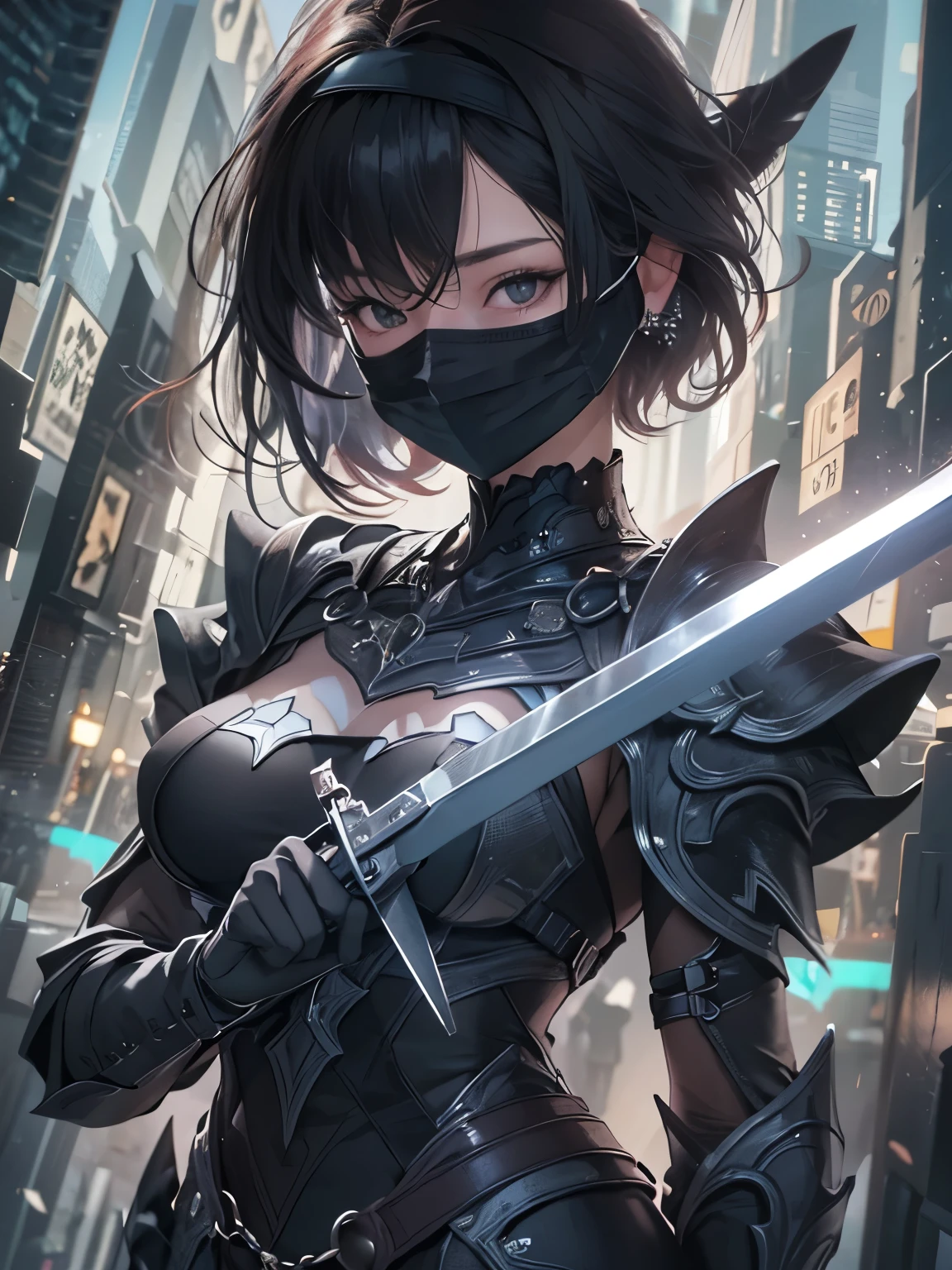 NSFW((masterpiece)), (((Best Quality))), ((Ultra-detailed)), (extremely detailed photo), ((extremely delicate and beautiful)),(Cute delicate face), (A 25 years old dignified girl),(black and violet full armor) ,(holding a violet glowing sword ),short hair,against a dark background in a city,solo, double eyelid,delicate skin,slender body shape,(Wearing a black mask:1.9)