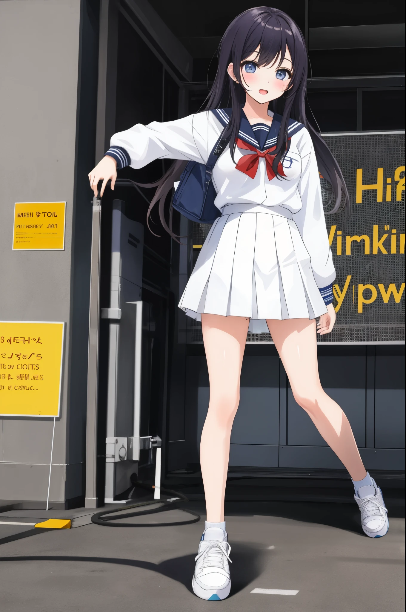 (masterpiece), best quality, expressive eyes, perfect face, school uniform, Gangnam style dance, sexy adult, small breast, long hair, one girl, dancing alone, empty outdoor stage, sweaty, legs, white sneakers, happy,
