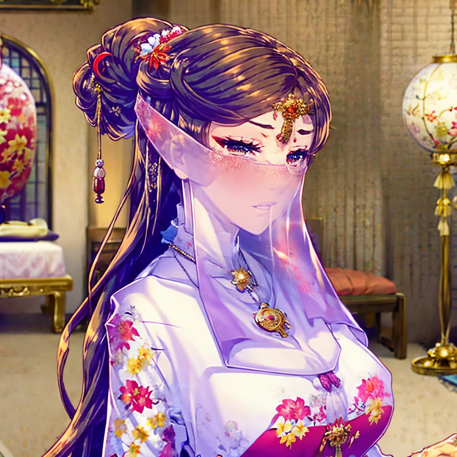 very long hair，（（（Eyes are very delicate）））（（（hair accessories）））（（（veil））），necklace，Misako wears a red transparent sexy silk dress， ((skin glowing))The room is filled with Chinese New Year decorations（（（masterpiece）））， （（best quality））， （（intricate details））， （（Surreal））（8k）