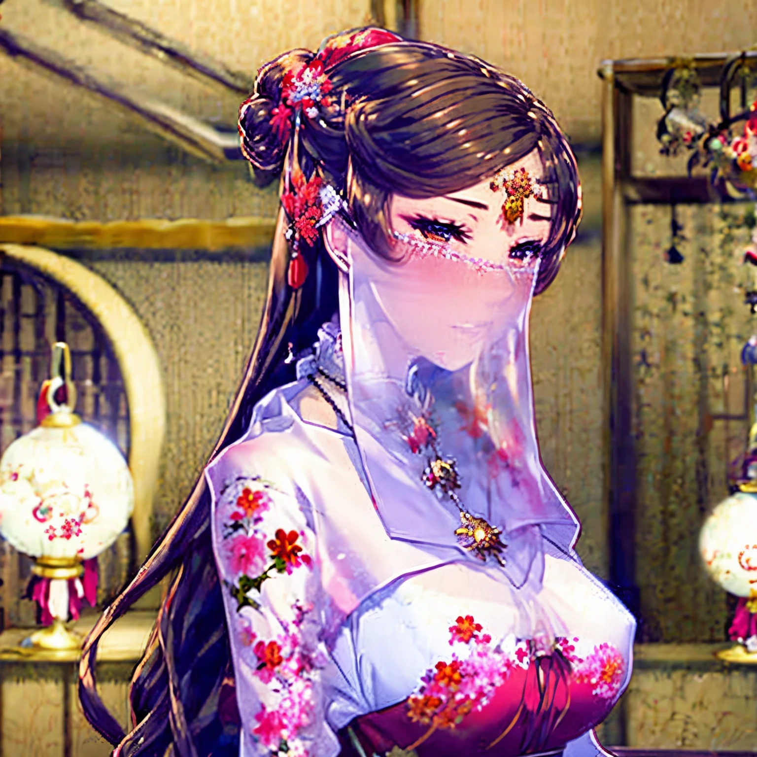 very long hair，（（（Eyes are very delicate）））（（（hair accessories）））（（（veil））），necklace，Misako wears a red transparent sexy silk dress， ((skin glowing))The room is filled with Chinese New Year decorations（（（masterpiece）））， （（best quality））， （（intricate details））， （（Surreal））（8k）