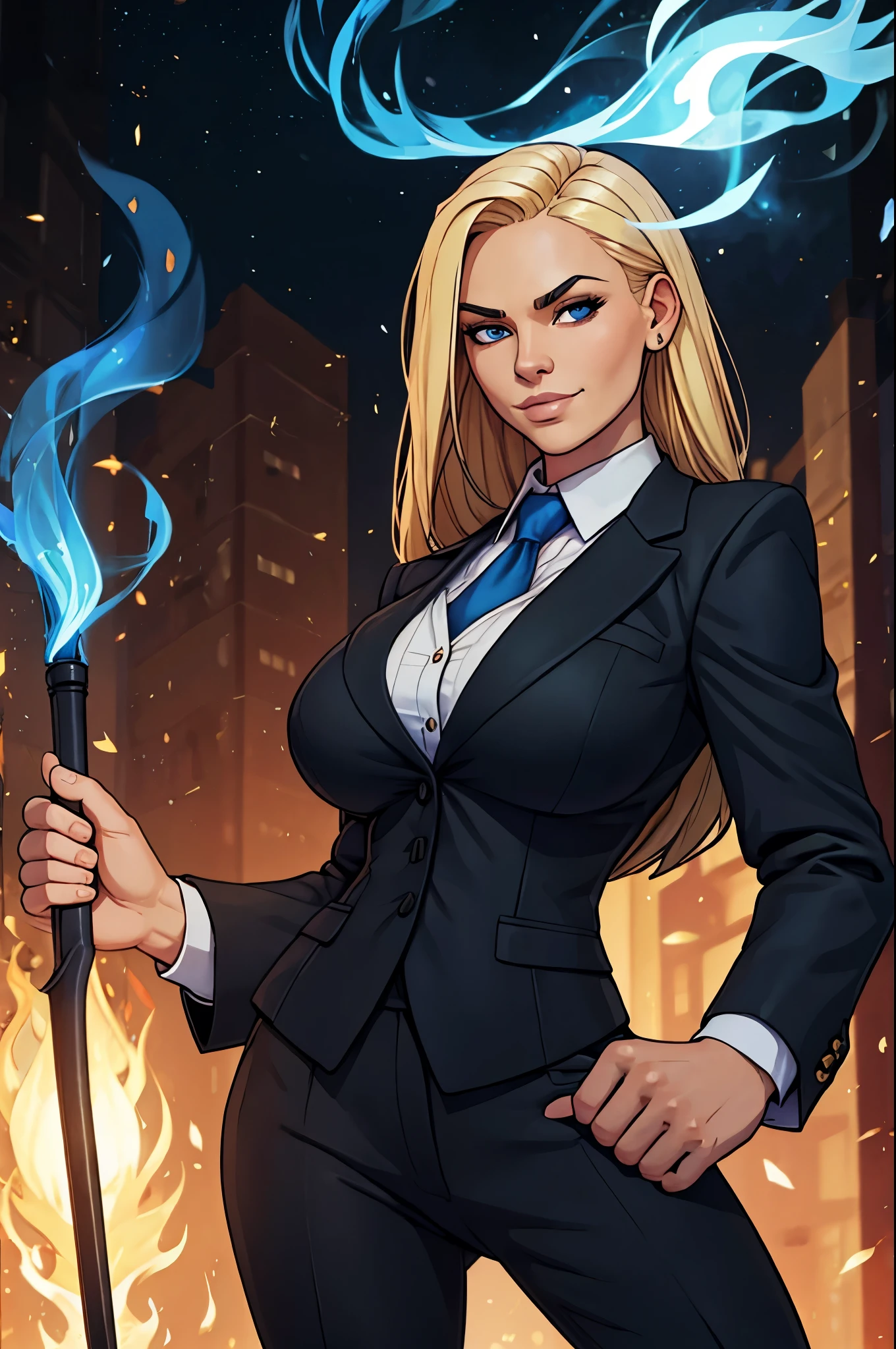 busty young adult blonde human female, smug facial expression, black pin-stripe business suit and dress pants, wielding a magical blue flame