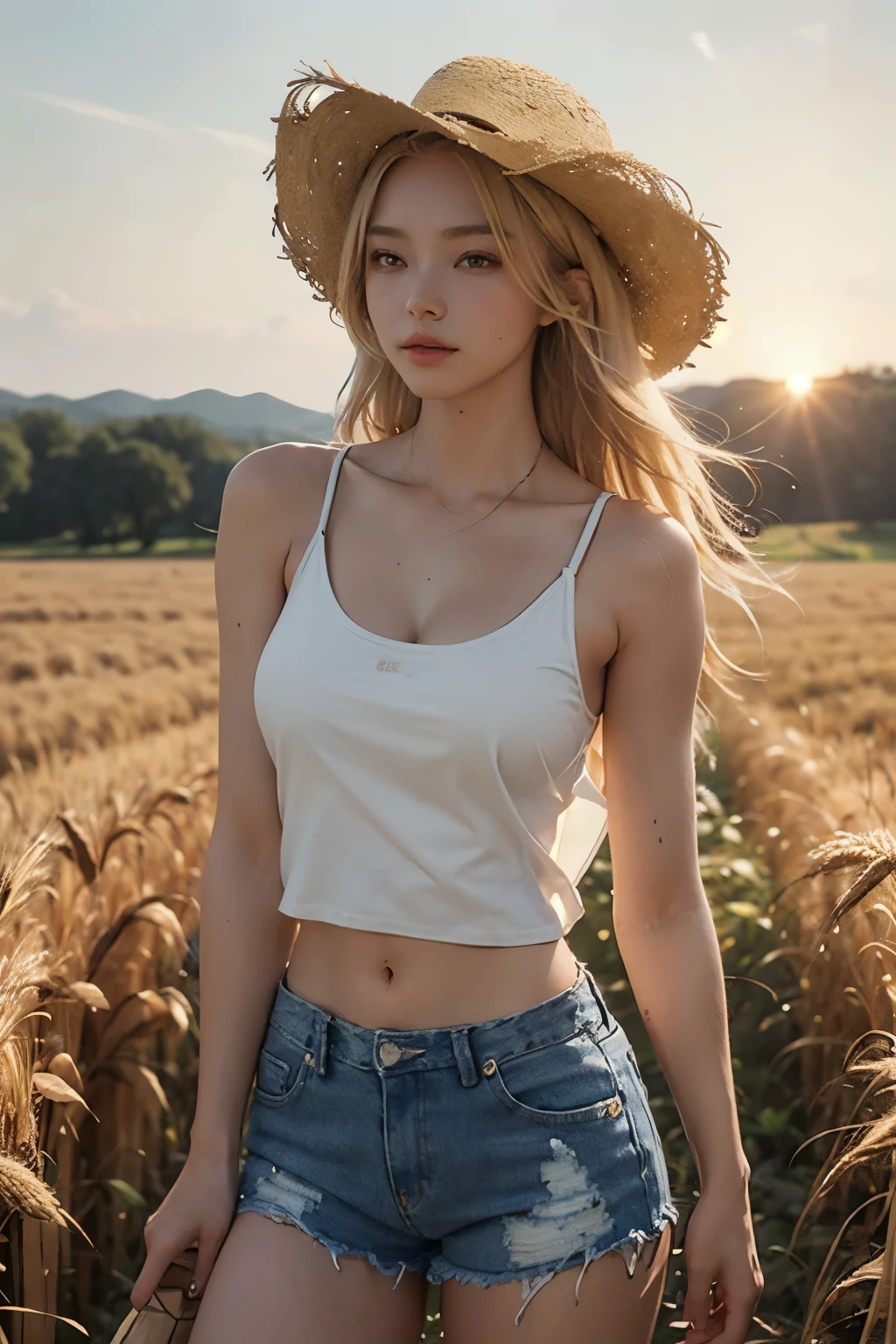 sexy farm girl with straw cowboy hat standing in a wheat field, tan skin, long blonde hair, cut-off jean shorts, athletic and fit body, flirty, sexy, large with poking out, cleavage, white tank top, sunset, realistic, HDR, UHD, dynamic