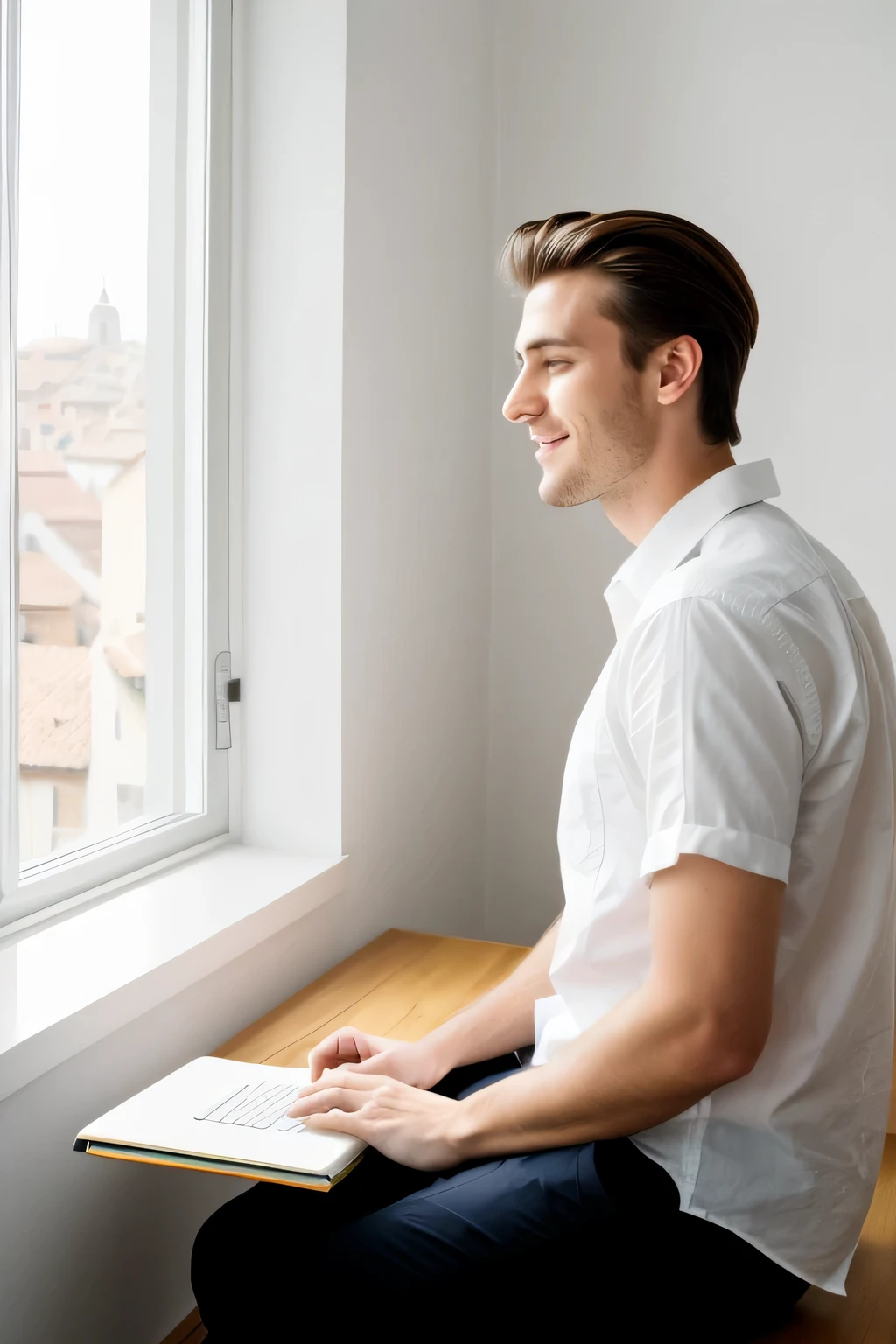 original photo, 26 year old European handsome guy，Back，sitting，handsome face, looking at notebook, Minimalist graphics，The room has a window，Wearing a white shirt, smiley face, Hard shadows, lens, dramatic lighting