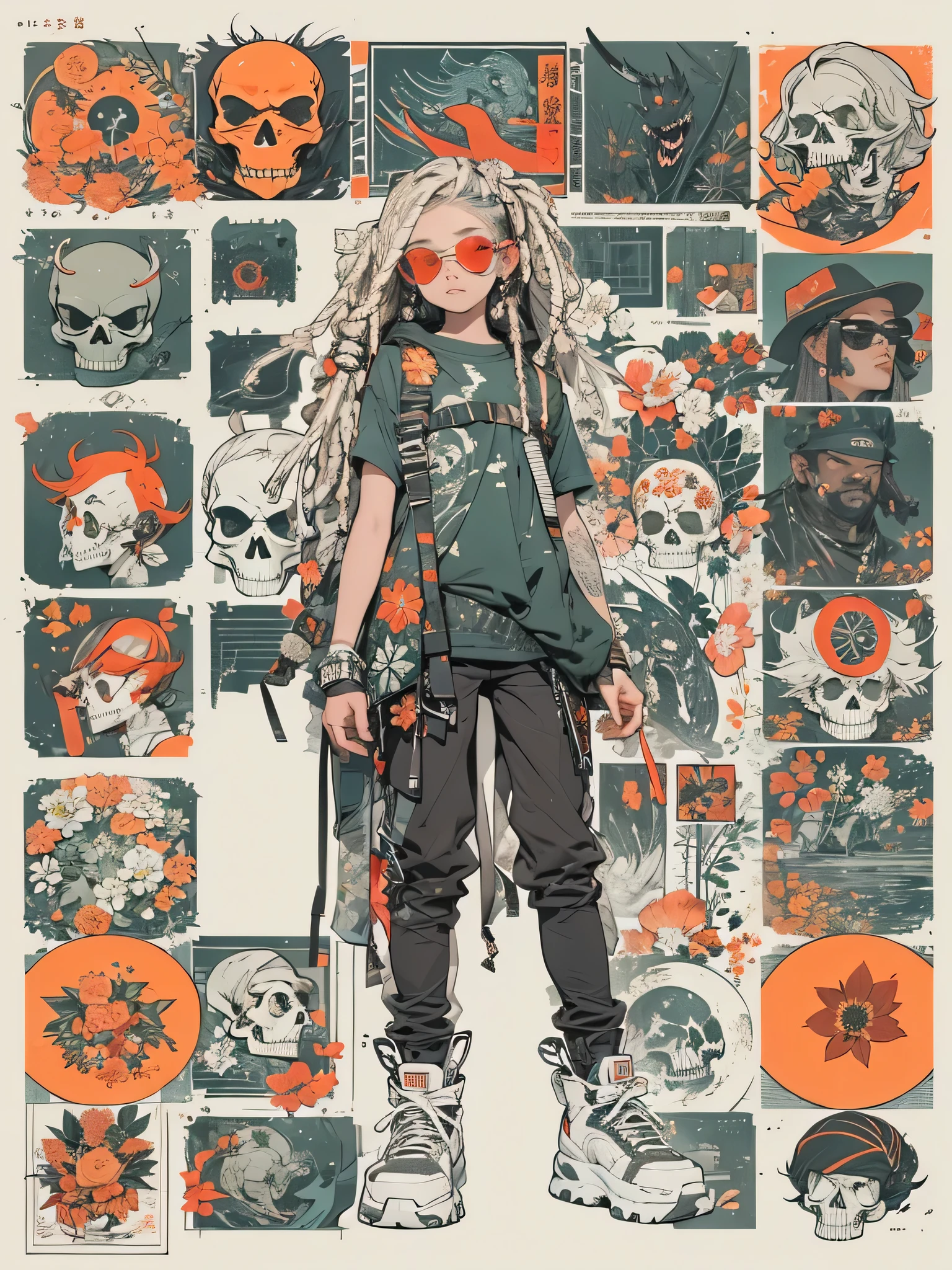 ((1 girl with open face), (Full length, very cute)). ((cute young man, White girl, offwhite hair), (orange:1.1, offwhite:1.3, yellow: 1.3),(Unripe:1.5,), (rapper feminina muito sexy com dreadlocks),(nsfw) (tattoo's), (bare body parts), (jaket: 1.2), (jaket no corpo nu, Correia, Short shirt)). ((Zombies, skulls, flowers, fruits)),( Damasco flowerscendo, folhas Unripes jovens, FOG, Background of circles)).((IDEAL, comely), (pictorial background, broad strokes, girl&#39;s attention to detail&#39;dude, figuras, flowers )). ((atmosfera noturna),(perfect and soft warm light, cinematic natural volumetric, cold chiaroscuro)). ((Moderate detail, attention to the elements of the character and figure), (Octane rendering trend on Artstation), (8k digital art painting, stylized concept art)), award-winning illustration), (work of art)).