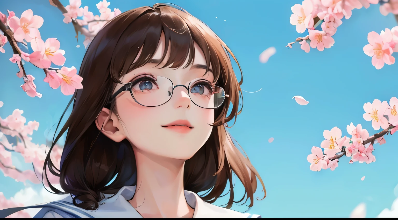 (((one girl)))、((View from below))、Masterpiece,best quality, ((Looking up at the cherry blossoms in bud))), determined expression, Glasses、((shy smile))、sailor suit、upper body diagram
(highest resolution、clear_image)、best quality、contrast of light and shadow、((illumination))、very detailed、semi-realistic、braided hairstyle、brown hair、bangs、、office Lady,,young、((View from the front))、delicate facial features facial features、