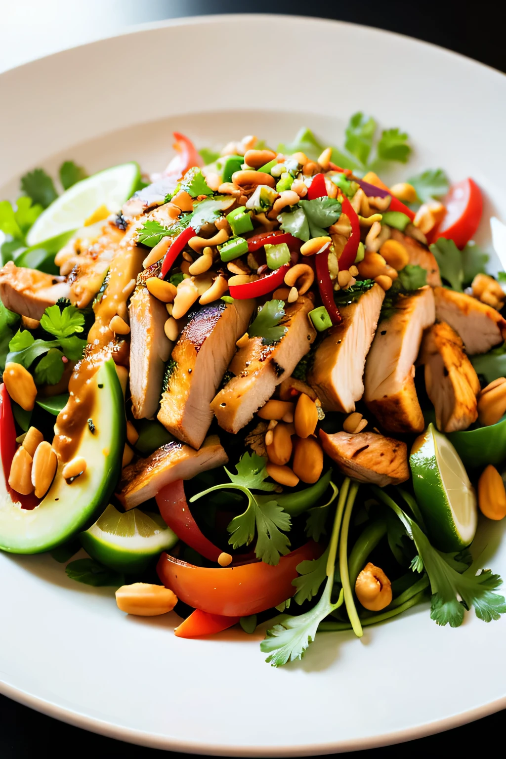 Thai peanut chicken salad, exquisitely crafted, radiant colors bursting from the plate, best quality ingredients, finely chopped vegetables and succulent grilled chicken, mixed in a delicious Thai peanut dressing, extremely flavorful, mouth-watering, authentic Thai cuisine, ultra-detailed presentation, high resolution image, beautiful and colorful elements, appetizing, rich in texture and taste, official art, highly detailed, vibrant and captivating, tantalizing, fresh greens, crunchy peanuts, juicy chicken, aromatic herbs, zesty lime juice, spicy chili peppers. (shot in a brightly lit Thai