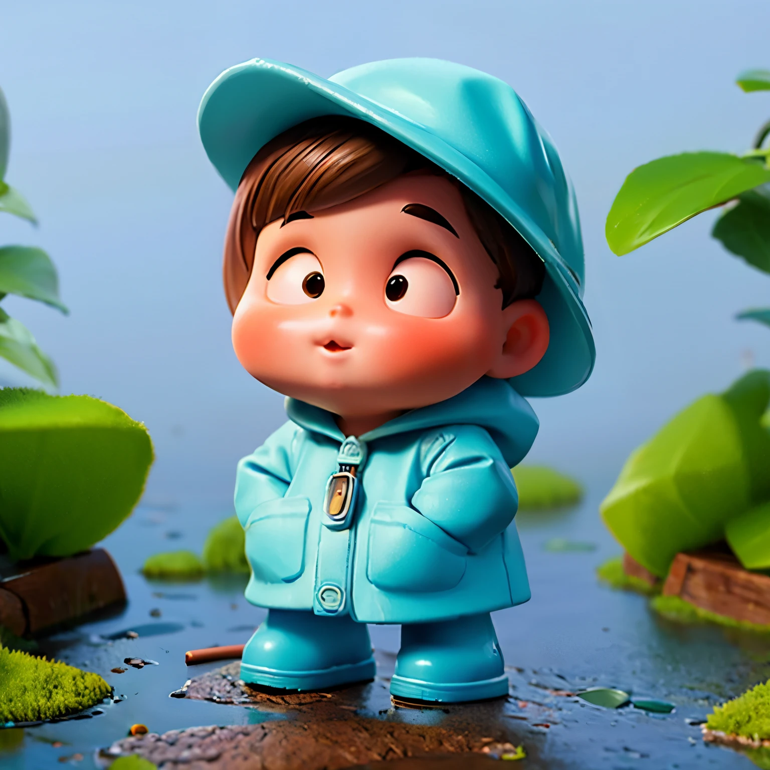 masterpiece, best quality:1.2),micro landscape，Outdoor on the grass，rainy day，1 miniature cartoon character, alone， hands in pockets，Wearing hat and raincoat,blue rain boots, mini，Brilliant lighting，outdoor background，rich colors，