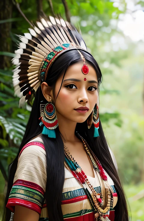 Beautiful sexy girl from the Indian tribe in traditional clothes, Indian woman with one feather on her head and traces of paint on her face, Ethnic accessories, homemade arrow in her hand, geometric patterns, complex knots, High detail, water and forest in the background