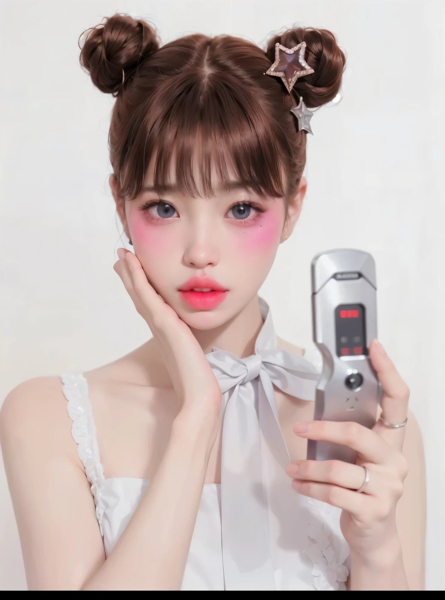 Araffe woman with a cell phone in her hand and a star on her head., mirada inocente, ojos grandes azules, ojos grandes, ojos de cachorro, adorable cara coreana, cara perfecta, Perfect symmetrical face, jimin's thick lips, thick lips, Plump lips, Jimin's Plump lips, fat lips, big lips, Jimin's big lips, Park Jimin, full lips, ulzzang, shikami, e-chica, and - girl, peinado de corte hime blanco, Jimin, Park Jimin, Kim jennie, Jennie, ojos grandes, ojos de cachorro🐕,🐕💖,🍓best quality,ultra-detailed, highres,masterpiece:1.2),jimin's thick lips, thick lips, Plump lips, Jimin's Plump lips, fat lips, big lips, Jimin's big lips, Park Jimin, full lips, expressive eyes, puppy eyes, adorable eyes, small nose, adorable eyes, pale skin, white skin, light skin, portrait,asian man with white shirt, Jimin,plump lips, pale skin, white skin, light skin, Park Jimin-inspired aesthetic, swollen right eyelid of Jimin, Greek nose of Jimin, inspired by Bian Shoumin, elongated neck, vivid colors,soft lighting, perfect small nose, perfect face, expressive eyes, puppy eyes, adorable eyes, small nose, adorable eyes, pale skin, white skin, light skin, jimin's thick lips, thick lips, Plump lips, Jimin's Plump lips, fat lips, big lips, Jimin's big lips, Park Jimin, full lips