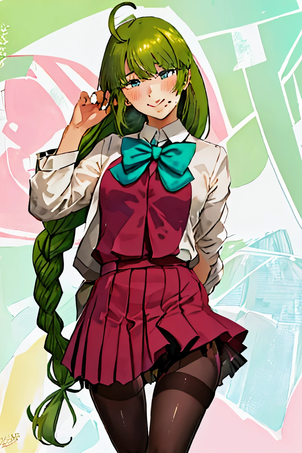 highest quality, masterpiece, High resolution, 一人in, {squeeze_Fleet Collection:1.15}, green_hair, length_hair, mole, mole_Down_moutsideh, green_eye, Ahoge, Braid, single_Braid, very_length_hair, blush, smile, bow, bowtie, chest, 1 girl, School_uniform, tongue, tongue_outside, looking for_in_viewer,  mechanical, pantyhose、,((nsfw)).Furon