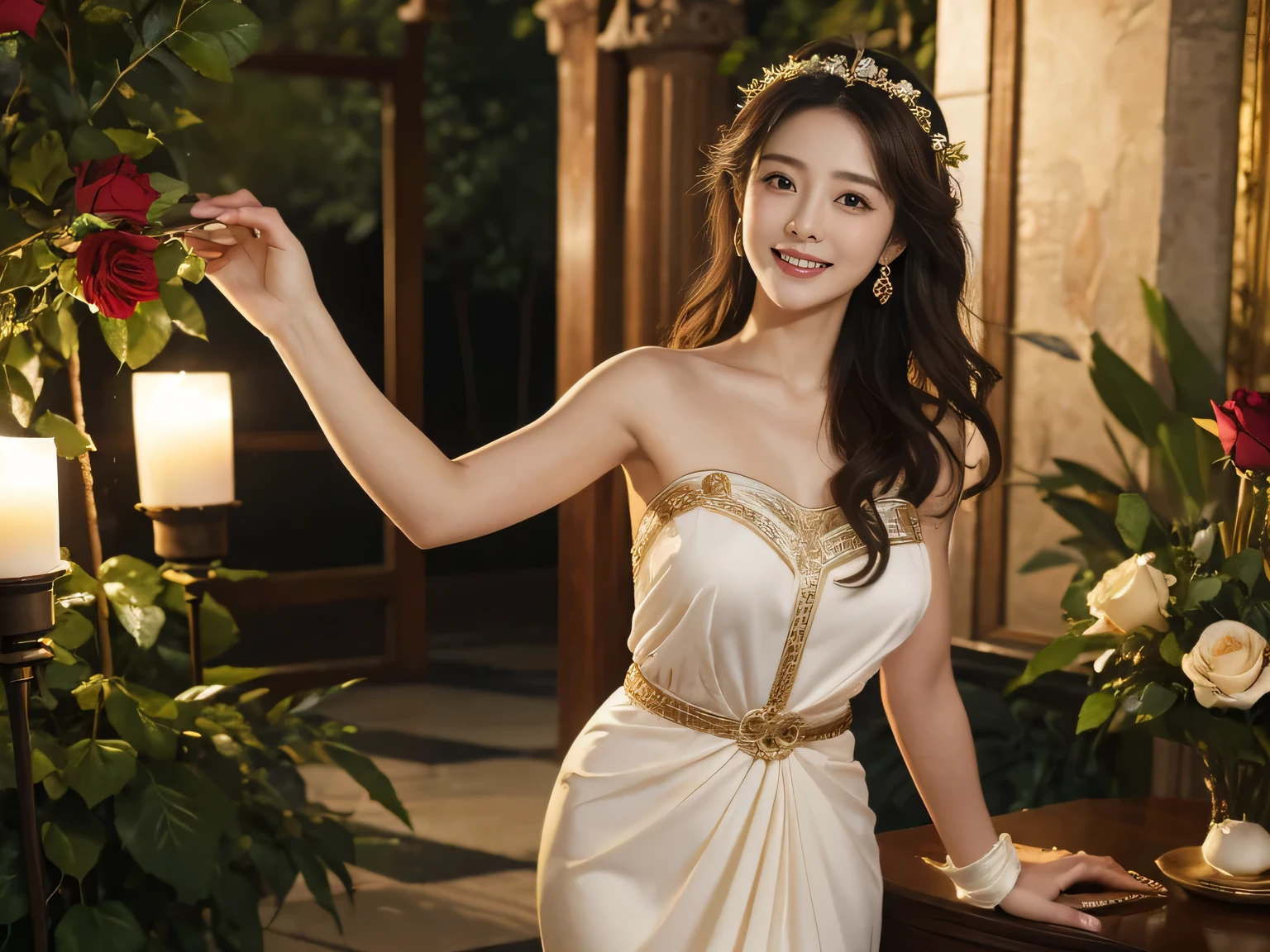 Female singer holding sheet music in both hands,Giorgione painting style,roses in vase、fruits、Cute trinkets、smile、ancient greek costume、Background is a forest lake at night 、Clothes that stretch your shoulders、A big smile、beautiful bare skin,
