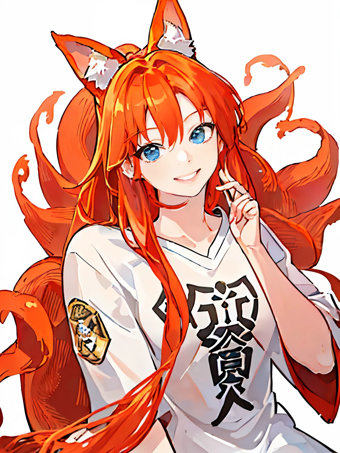 [Masterpiece]  ((one girl a ginger haired kitsune girl, Blue eyes, ponytailed, half body, potrait, zoomed face, white t-shirt, calm, white background, hands down, smiling))