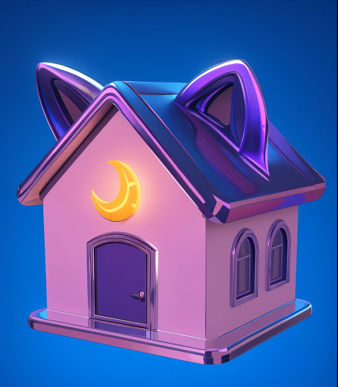 purple house with cat ears and crescent moon on the roof, 3D icon for mobile game, Isometric 3d fantasy sweet home, stylized 3D rendering, 3D rendering stylized, stylized digital illustration, fantastic house, stylized 3d render, cute 3D rendering, Game icon stylized, Особняк Vaporwave, 3 d stylize scene. glossy texture, smooth 3d model, multiple light sources, rim light, sharp post effects render, (glossy metallic texture with multiple big light probe refractions), perfect cgi, cgi art created only with gradients, smooth silhouette, high intensity refraction, (super glossy chrome material), most beautiful vfx, blue background, chrome metal refractions