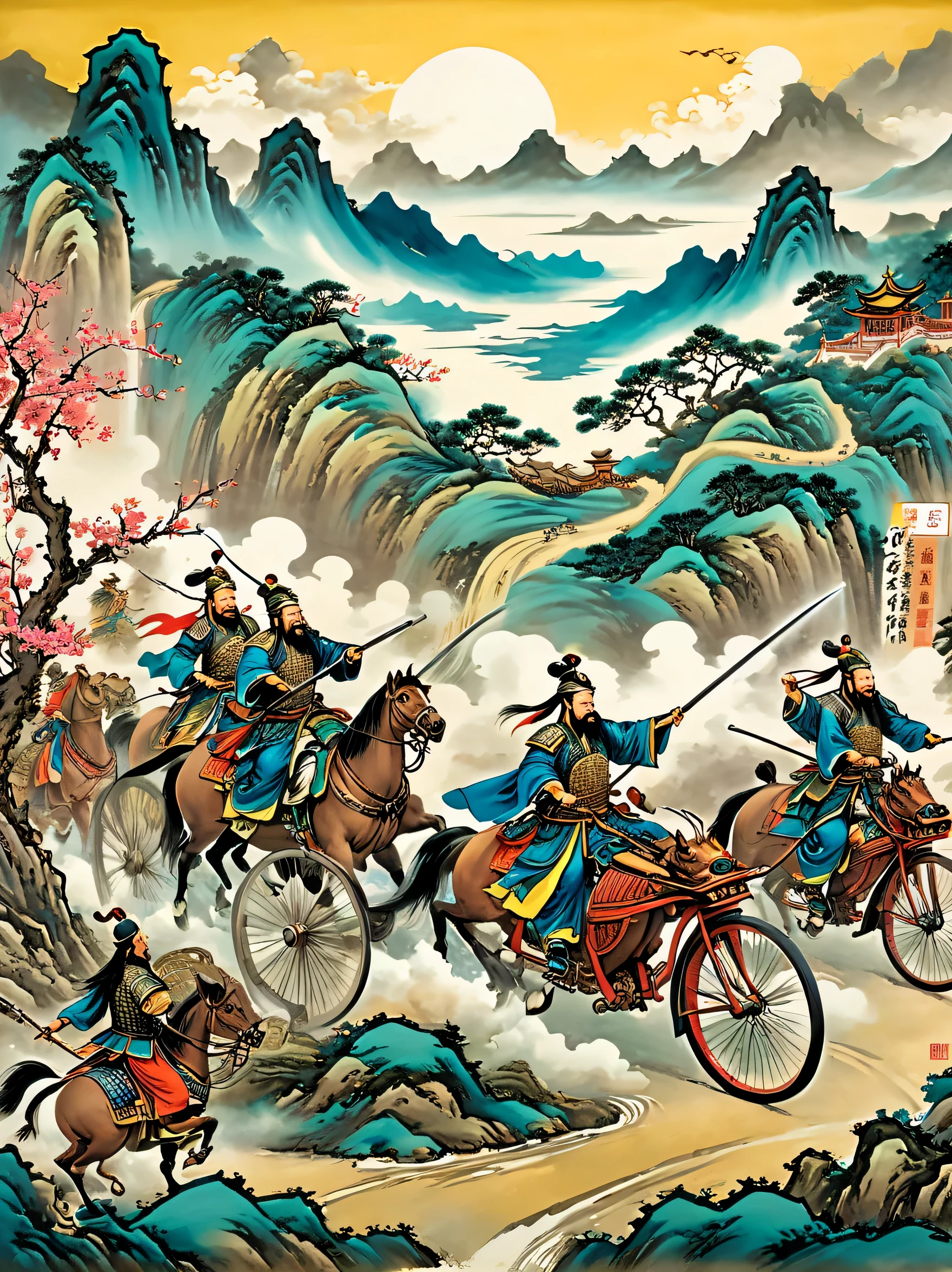 super detailed，Chinese ink style，Chinese Dream Landscape，《Three Kingdoms》whimsical scenes in, featuring Liu Bei, Guan yu, Riding a bicycle with Zhang Fei, Fight with Lu Bu, Anyone rides a bicycle. This creative interpretation blends ancient Chinese warfare with modern humor, Four warriors engage in a fierce and comical duel. The background should reflect the historical battlefield environment, But has adapted to this unique bike duel, There may be ancient Chinese buildings or scenery in the distance. Character wearing traditional armor, But the interesting thing is，Ride a bike instead of a horse, Create lively and humorous artwork，magical atmosphere，happy and peaceful scene，Surreal and ethereal colors，texture landscape，otherworldly environment，Beautiful scenery，Hazy and mysterious atmosphere，dramatic light and shadow，Thrilling sense of adventure，Amazing natural wonders，Grandeur and sense of scale，Explore the possibilities