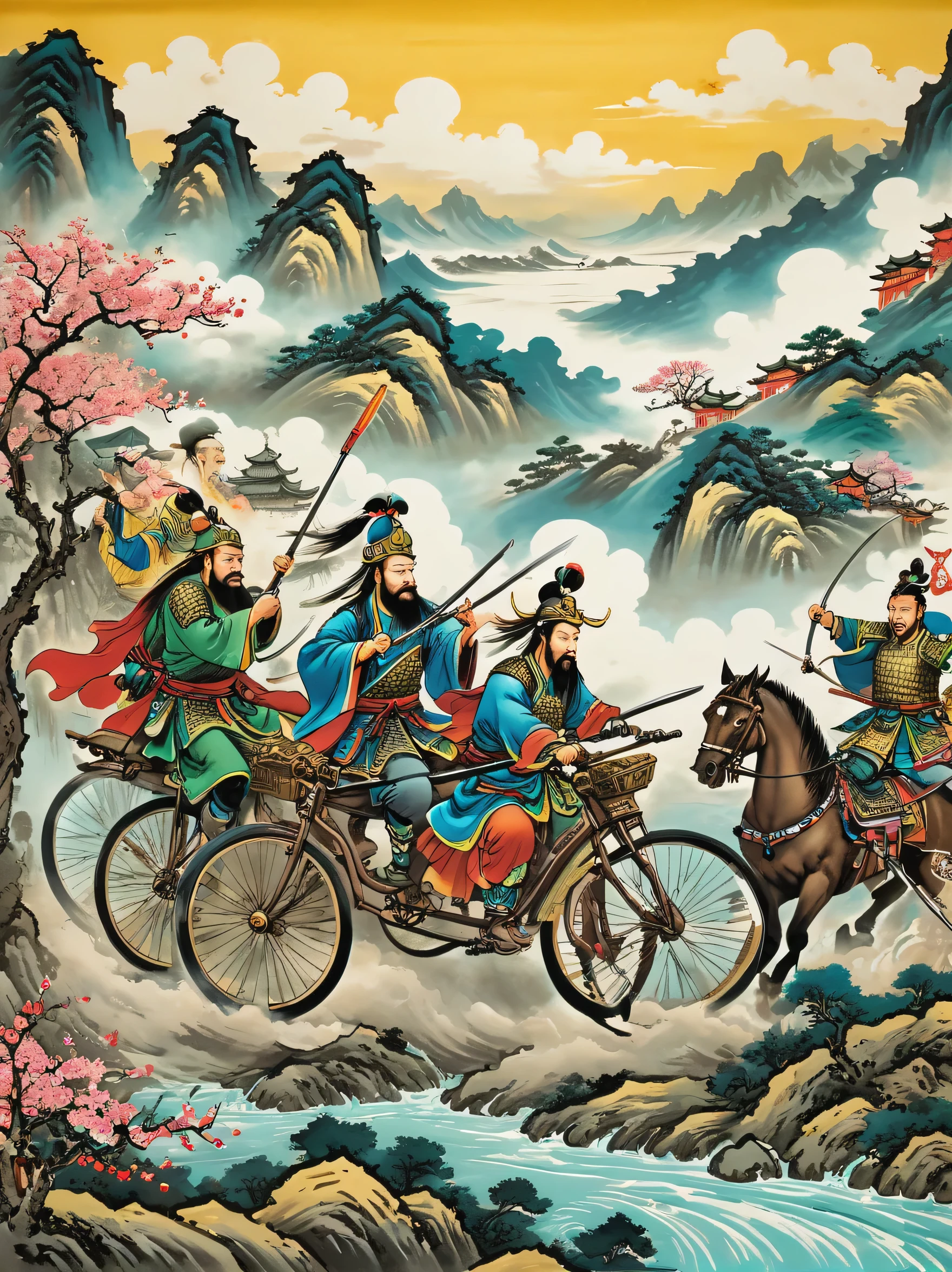 super detailed，Chinese ink style，Chinese Dream Landscape，《Three Kingdoms》whimsical scenes in, featuring Liu Bei, Guan yu, Riding a bicycle with Zhang Fei, Fight with Lu Bu, Anyone rides a bicycle. This creative interpretation blends ancient Chinese warfare with modern humor, Four warriors engage in a fierce and comical duel. The background should reflect the historical battlefield environment, But has adapted to this unique bike duel, There may be ancient Chinese buildings or scenery in the distance. Character wearing traditional armor, But the interesting thing is，Ride a bike instead of a horse, Create lively and humorous artwork，magical atmosphere，happy and peaceful scene，Surreal and ethereal colors，texture landscape，otherworldly environment，Beautiful scenery，Hazy and mysterious atmosphere，dramatic light and shadow，Thrilling sense of adventure，Amazing natural wonders，Grandeur and sense of scale，Explore the possibilities