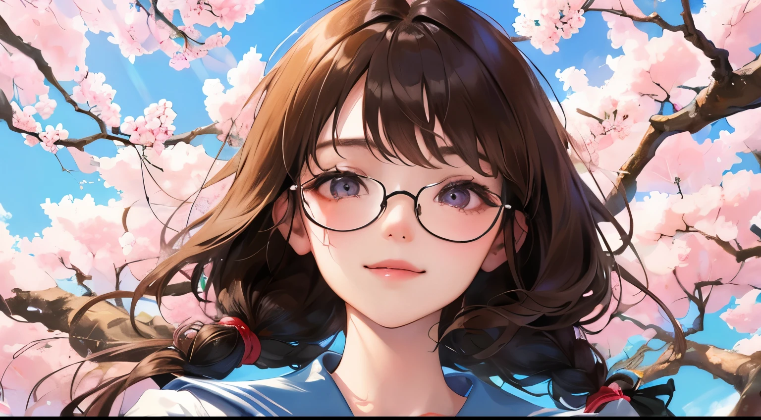 (((one girl)))、((View from below))、Masterpiece,best quality,  ((Looking up at the cherry blossoms in bud))), determined expression, Glasses、((shy smile))、sailor suit、upper body diagram
(highest resolution、clear_image)、best quality、contrast of light and shadow、((illumination))、very detailed、semi-realistic、braided hairstyle、brown hair、bangs、、office　Lady,,young、((View from the front))、delicate facial features facial features、