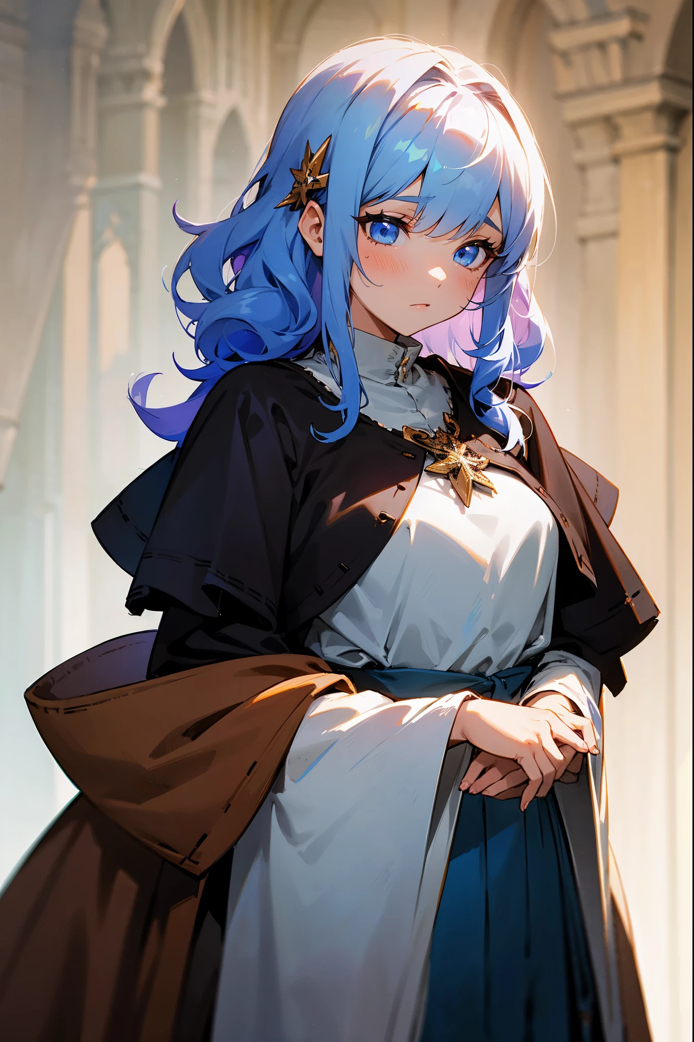 1female, colored hair, colored eyes, curly hair, frosty clothing, light blue accented clothing, (old medieval clothing), cold clothing, tired expression, (guild hall background), detailed background, cold, 