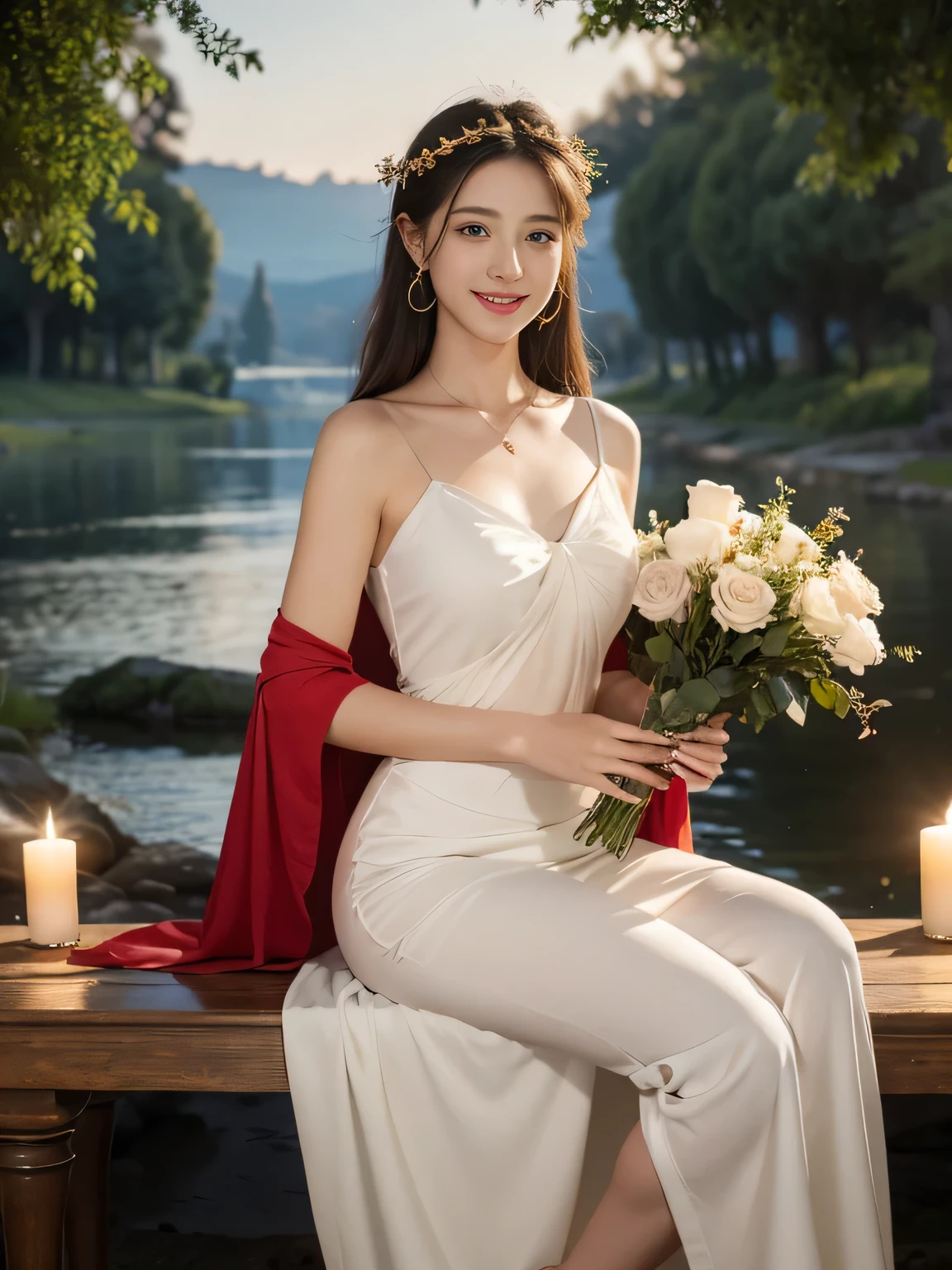 Female singer holding sheet music in both hands,Giorgione painting style,roses in vase、fruits、Cute trinkets、smile、ancient greek costume、Background is a forest lake at night 、Clothes that stretch your shoulders、A big smile、beautiful bare skin,