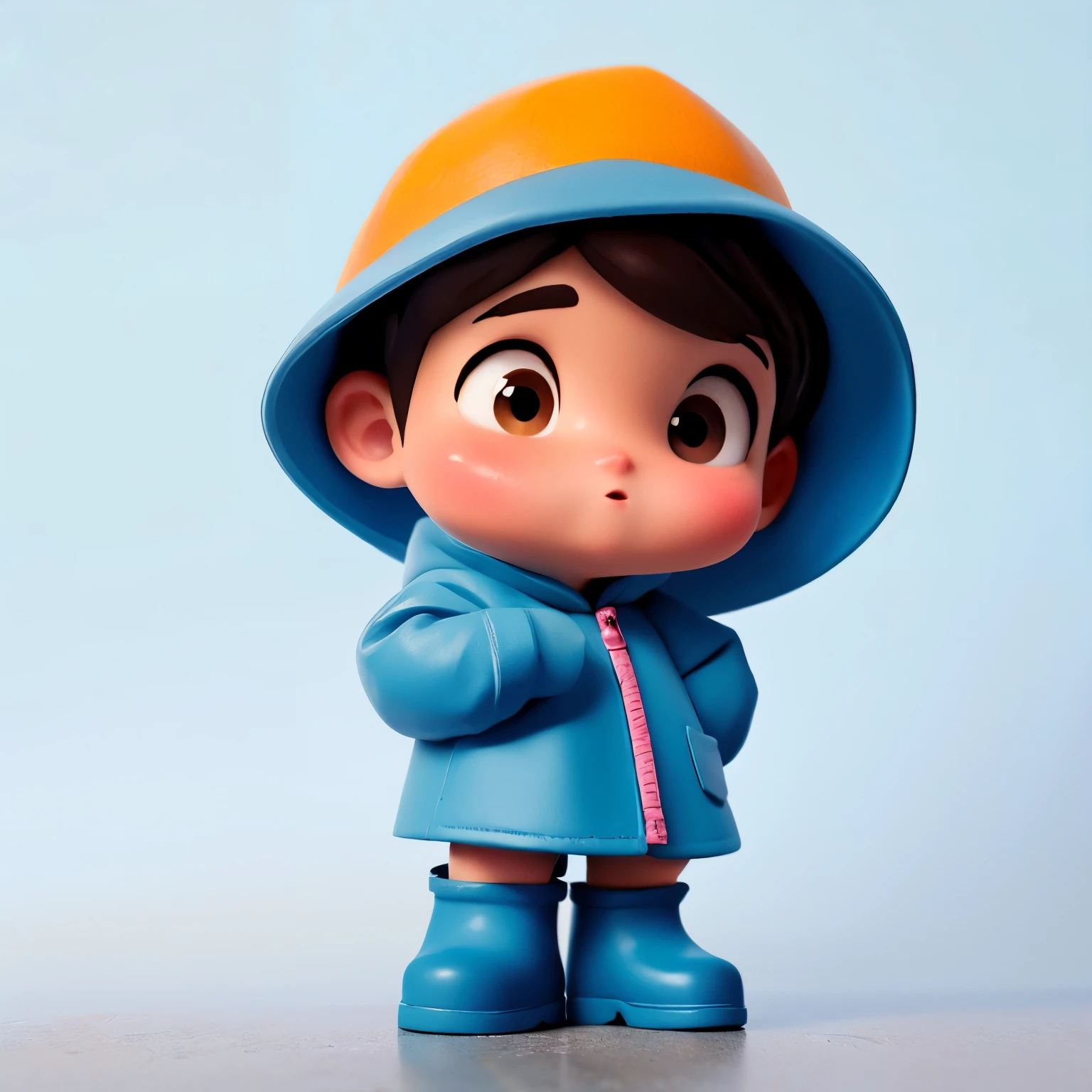 (masterpiece, best quality:1.2),1 miniature cartoon character, alone， hands in pockets，Wearing hat and raincoat,blue rain boots,  outdoor background，rich colors，