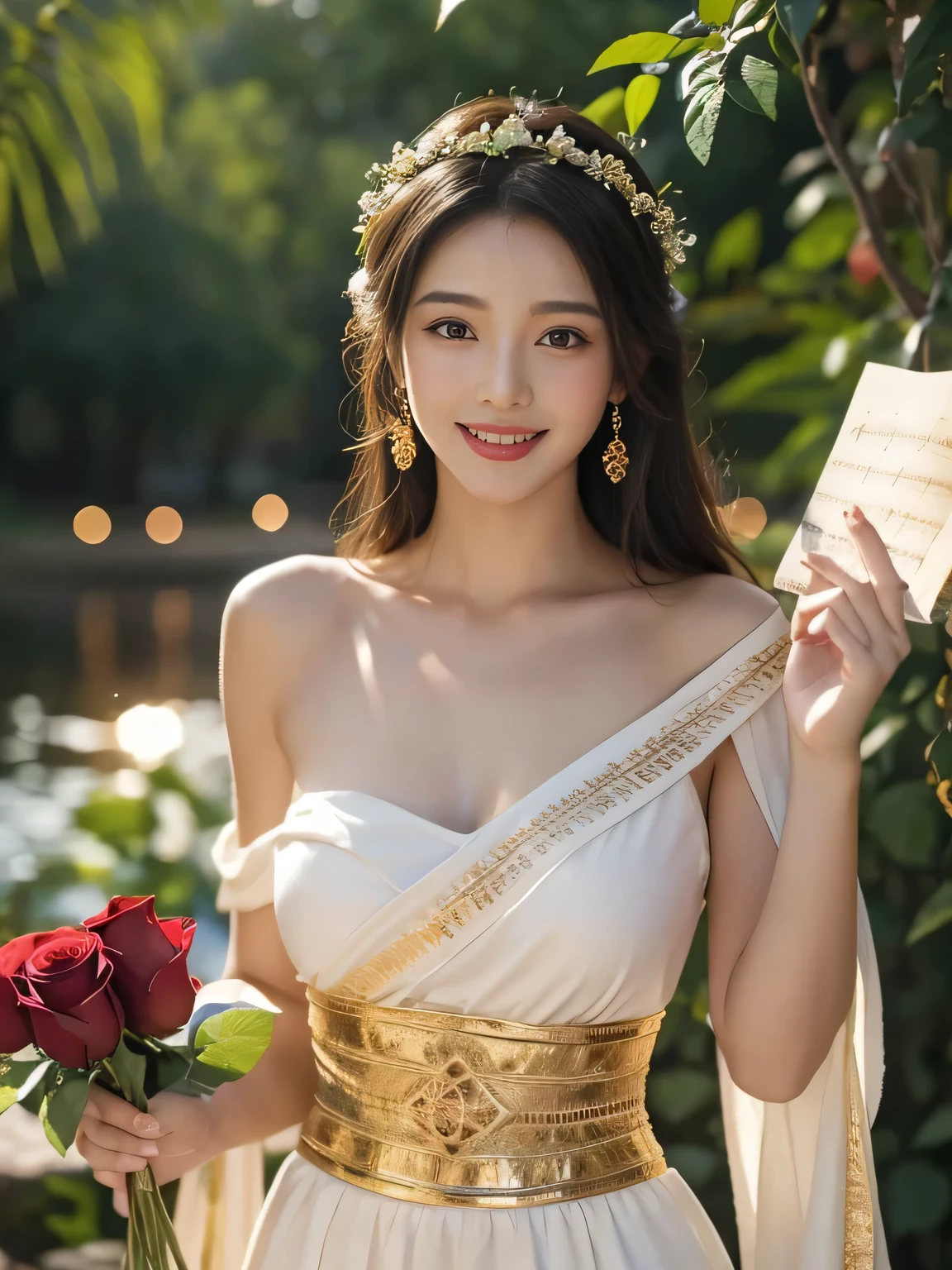 Female singer holding sheet music in both hands,Giorgione painting style,roses in vase、fruits、Cute trinkets、smile、ancient greek costume、Background is a forest lake at night 、Clothes that stretch your shoulders、A big smile、beautiful bare skin,