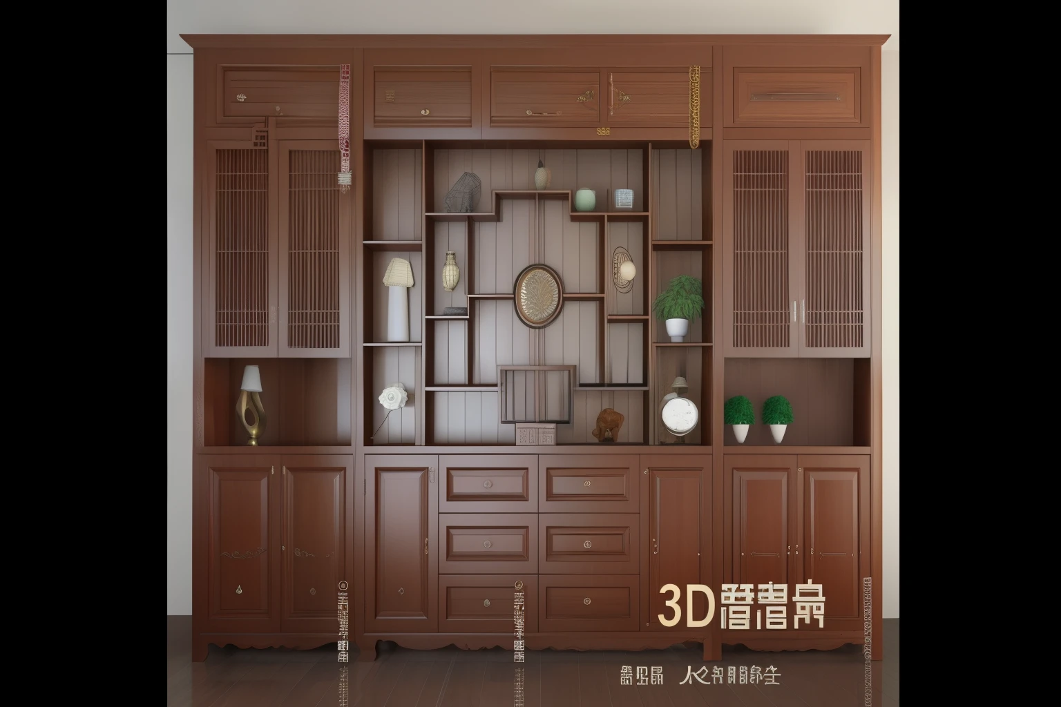 There is a wooden cabinet, cabinet furniture, High quality 3D realistic, 3D products, 3d models, 3d models, 3D style, with detailed wood, asian interior decoration, Max 3d, 3D Max, 3 Max DS, wooden furniture, 3D style, CGTRADER