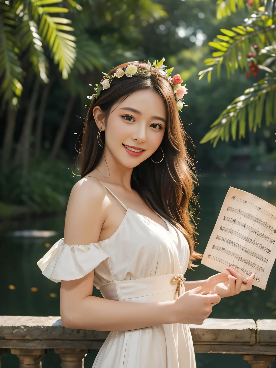 Female singer holding sheet music in both hands,Giorgione painting style,roses in vase、fruits、Cute trinkets、smile、ancient greek costume、Background is a forest lake at night 、Clothes that stretch your shoulders、A big smile、beautiful bare skin,