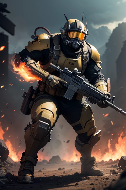 Solder Helldiver, inspired by the characters from Starship Troopers, dons black and yellow armor and descends into the chaotic battlefield. His helmet, with a visor that filters out the hostile environment, shields his eyes from the relentless onslaught of bugs. Bravely, he wields his weapon, fueled by determination and the fiery resolve to protect his comrades. The ground trembles beneath their feet as the intense battle against the formidable alien creatures unfolds.