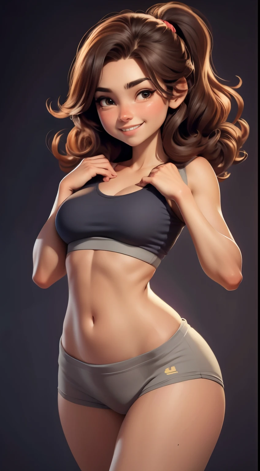 girl,Standard chest,Shapely figure,Wearing only a bra and tight-fitting yoga shorts,Expose navel and pubic bone,camel toe protrusion,graceful dance posture,legs apart,Turn your back to the audience,Movie-like texture