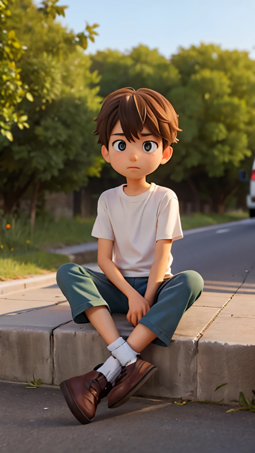 A boy sitting near road, a cat sitting nearby watching the boy