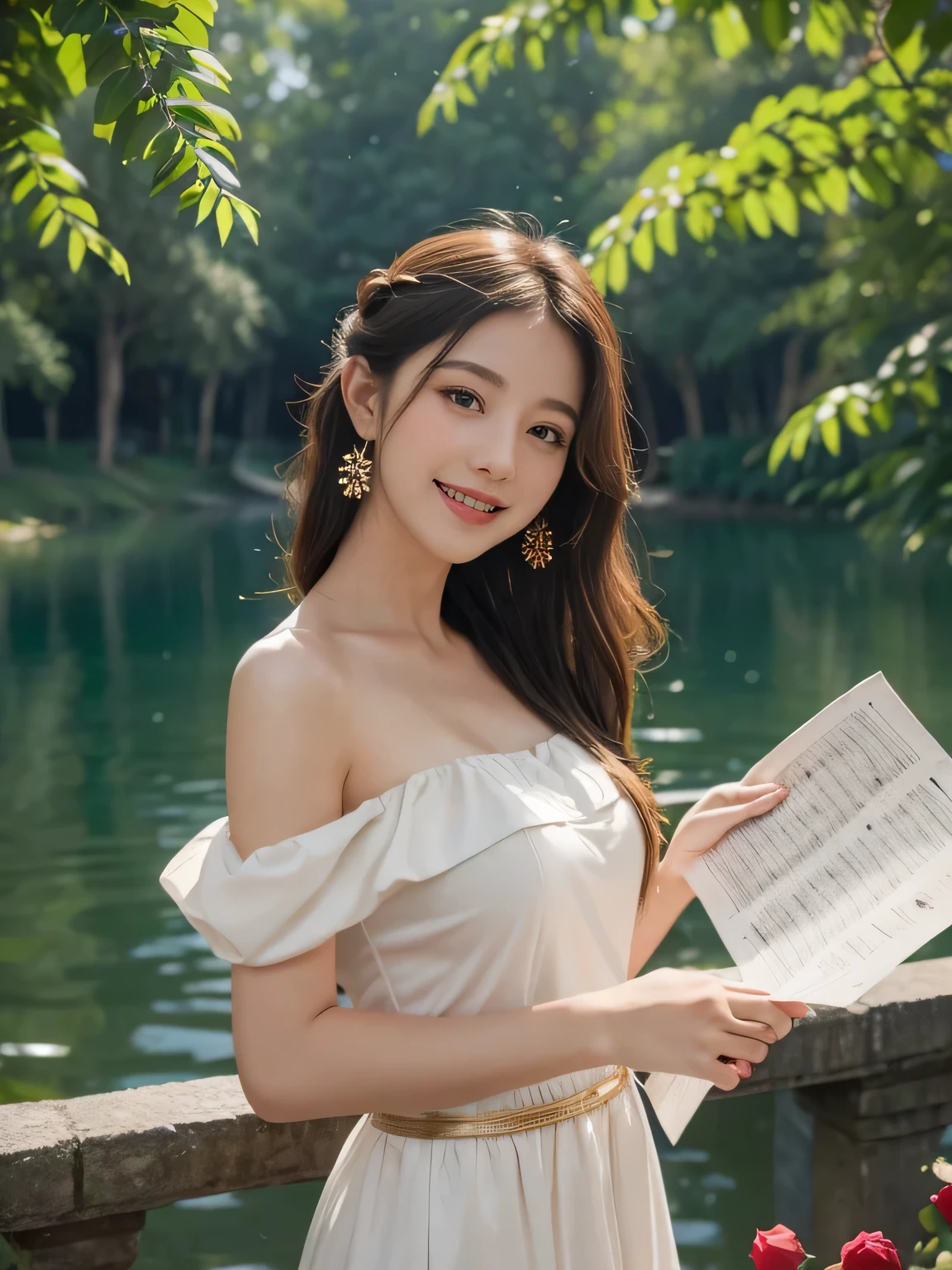 Female singer holding sheet music in both hands,Giorgione painting style,roses in vase、fruits、Cute trinkets、smile、ancient greek costume、Background is a forest lake at night 、Clothes that stretch your shoulders、A big smile、beautiful bare skin,