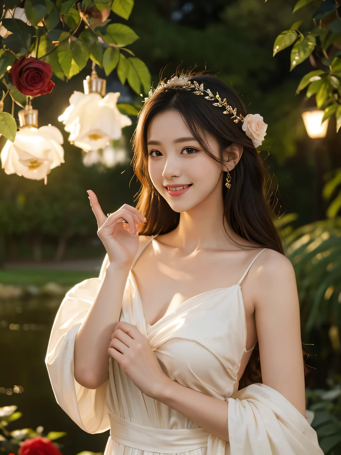 Female singer holding sheet music in both hands,Giorgione painting style,roses in vase、fruits、Cute trinkets、smile、ancient greek costume、Background is a forest lake at night 、Clothes that stretch your shoulders、A big smile、beautiful bare skin,
