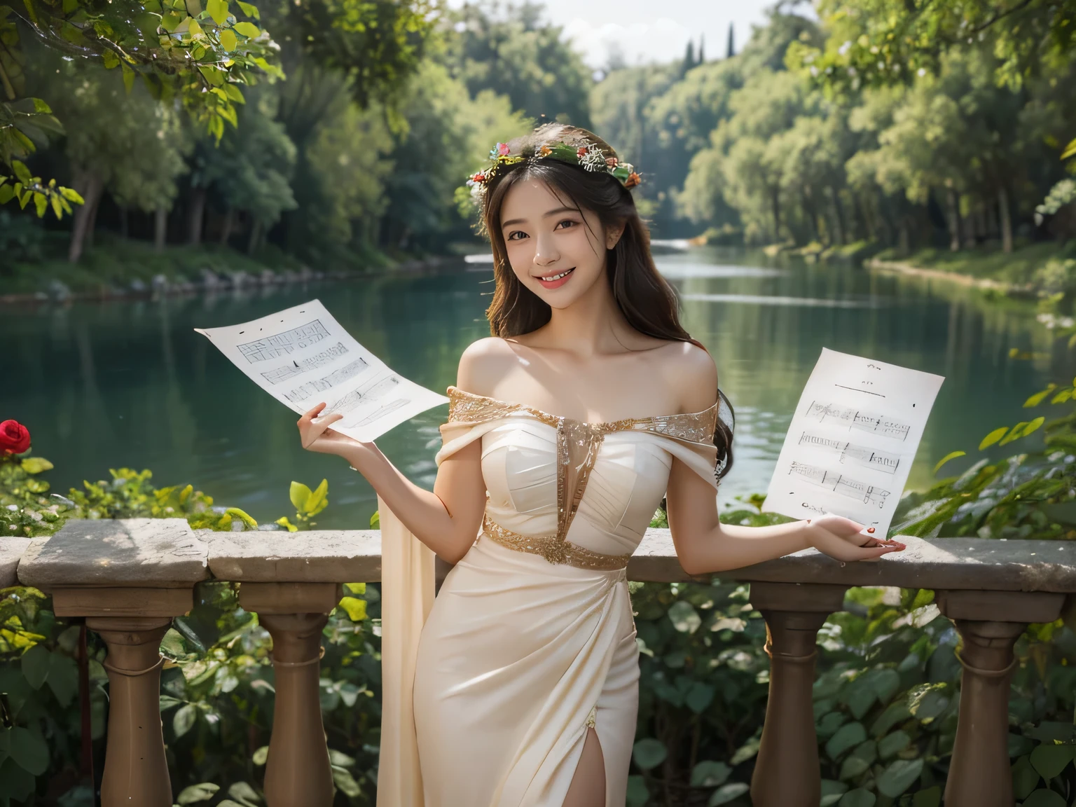 Female singer holding sheet music in both hands,Giorgione painting style,roses in vase、fruits、Cute trinkets、smile、ancient greek costume、Background is a forest lake at night 、Clothes that stretch your shoulders、A big smile、beautiful bare skin,