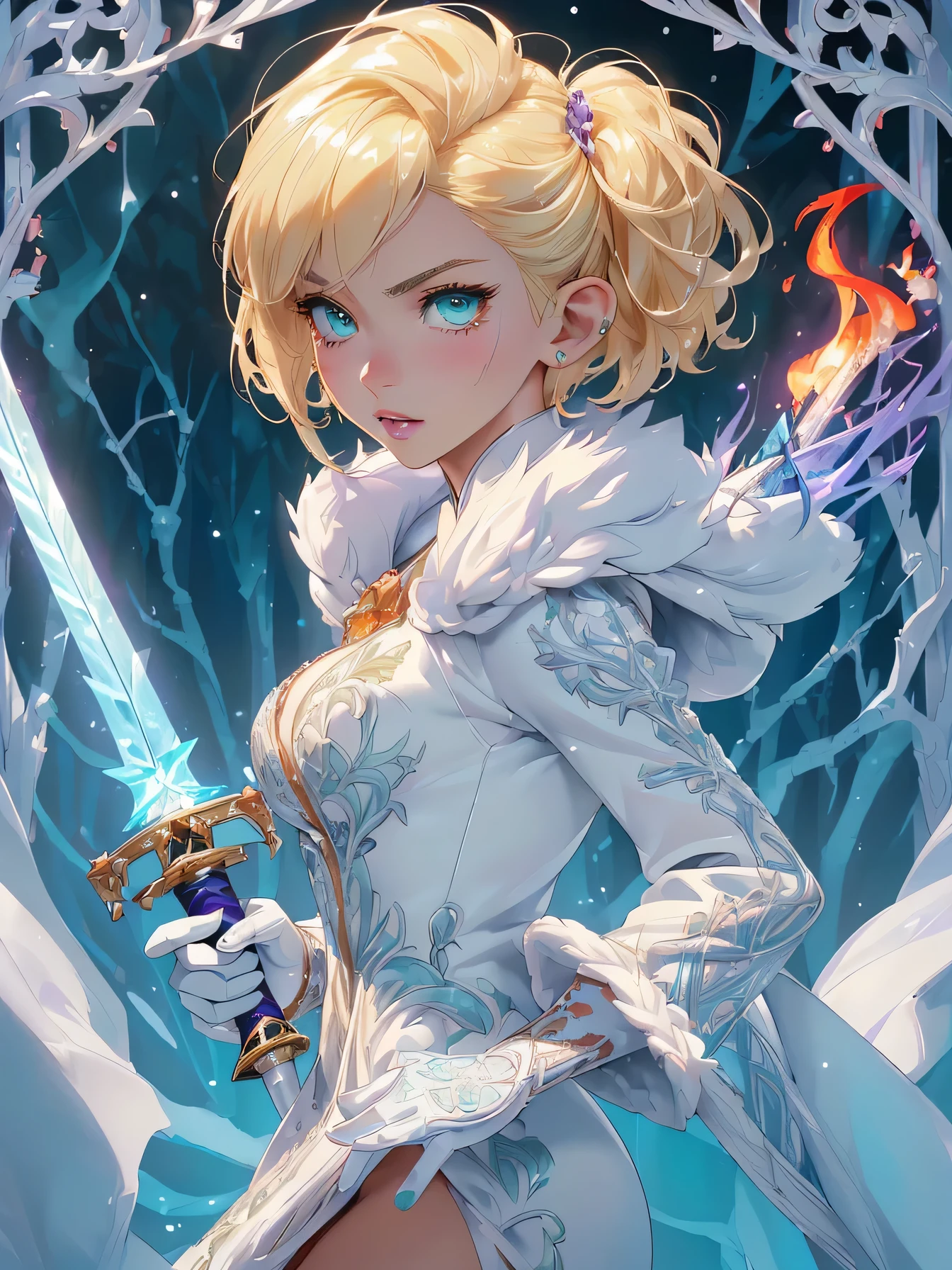 nsfw:1.1, high resolution:1.7, incredibly absurdres, kawaii:1, cute:1.5, hires.fix,anime visual:1,incredibly fine illustration,8k,masterpiece:1.2,best quality, high quality, exquisite, beautiful,insanely detailed, intricate detailed, extremely detailed, Super Definition,ultra high res, Super Resolution, best aesthetic, ultra detailed:1.5,best quality, perfect face, detailed face, masterpiece:1.2, illustration:1.2, 8k cg wallpaper, stunning art,absurdres,octane render,ultra hires,
cute elf,((anime elf with extremely cute and beautiful blond hair)),((((blond hair:1.35,undercut blond hair,short hair)))),(((green_eyes:1.3))),intricate eyes,beautiful detailed eyes,symmetrical eyes,big eyes:1.5,enchanting bright eyes studded with gold and silver dust,(((pinky skin,glowing_skin,lustrous skin:1.5,bright skin: 1.5,skin tanned,shiny skin,very shiny skin,shiny body,plastic glitter skin,exaggerated shiny skin,illuminated skin))),upward breasts,(detailed body,(detailed face)),cute,daring,zettai ryouiki,show skin,best relationship with four fingers and one thumb,((girl trembling with sexual climax))
Break (((aqua fur coat, aqua fur coat outfit, wearing a ice dress:1.3,aqua winter coat))), ((ice dress,elegant ice dress)),(white gloves,white clothes,(((intricate outfit,intricate clothes,embroidered outfit,ornate outfit,embroidered clothes,ornate clothes))),(dynamic pose:1.0),embarrassed,(centered,scale to fit dimensions,Rule of thirds),((snowy pine forest)),winter,scenery:1.25,((intricate scenery)),((snow forest background)),(Glossy winter ornaments),highres,sharp focus,(ultra detailed,extremely detailed),(photorealistic artwork:1.37),(extremely detailed CG unity 8k wallpaper),(((vibrant colors,vibrant theme))),(intricate),full body,(perfect body),ninja, (red fire:1.5), (holding white flame sword:1.5), (holding blue energy sword:1.3), (purple flame katana:1.3), (swing a purple flame sword:1.3),battle,fight,(action pose: 1.4),(vengeful spirit come's attack), (vs vengeful spirit),(p