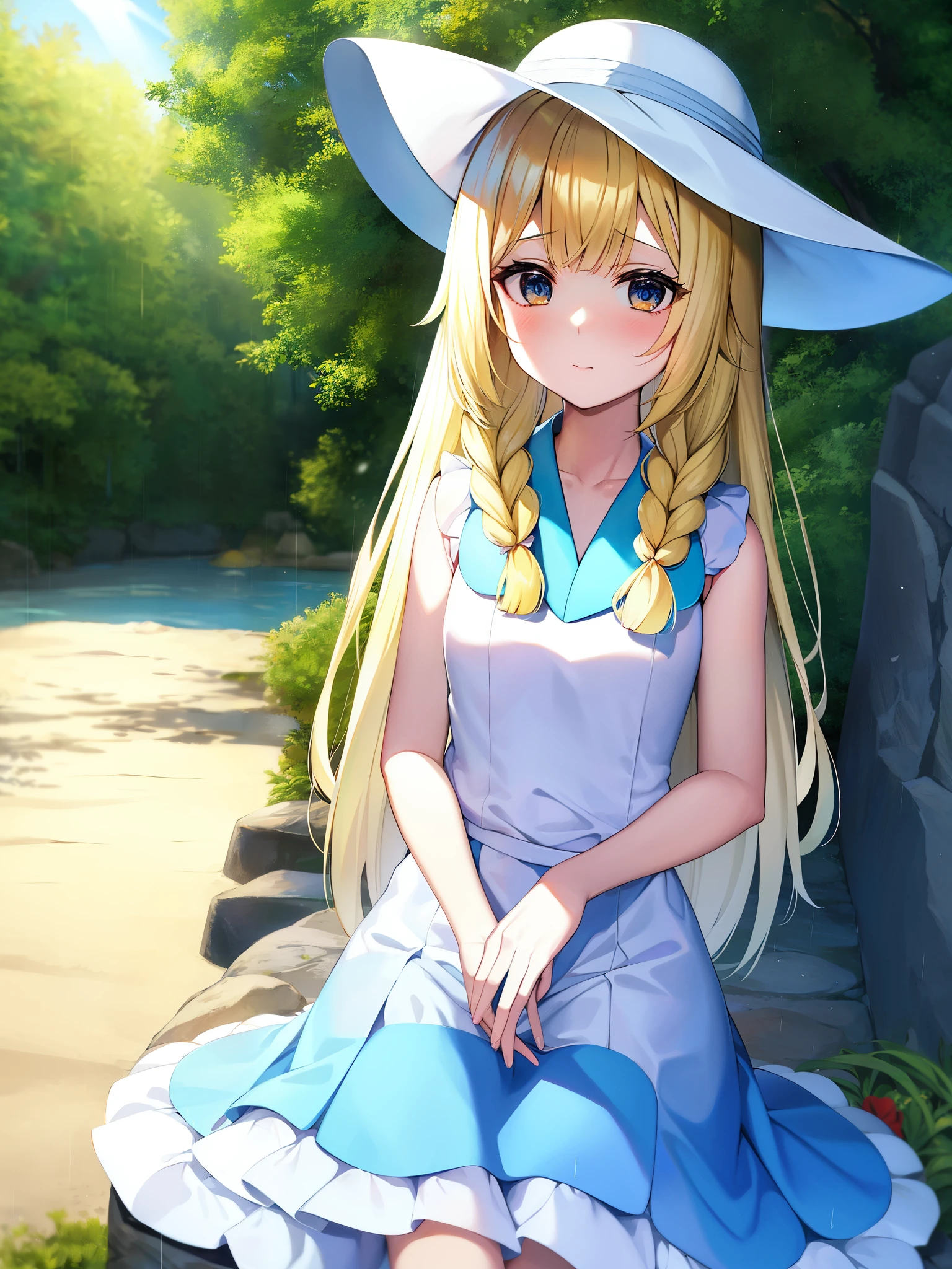 Pokémon、solo、1 person、sunset、Tropical Alola region、Lillie、Snow-white skin and long pale blonde hair、White princess-line sleeveless dress and white wide-brimmed hat、french braid、high ponytail、blue mini skirt、blue pleated skirt、sailor color、shirt、short sleeve、blue skirt、白いshirt、white skirt「Lady」、blonde girl、Pippi Ningyoya Cosmetics、orthodox heroine、Lily flower、Escape from the rain and take shelter together in a cave、Lillieは月の象徴で、Hau is the image of the sun。Lillieが月ではなく、I will become a shining sun」、pacifist、Directional tone deafness、