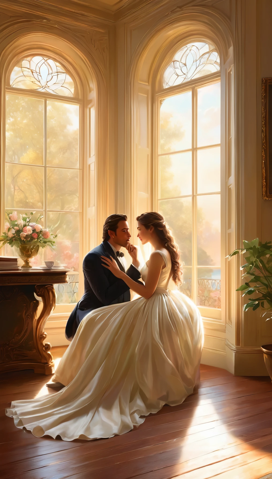 Description: The image portrays a serene scene unfolding within a bright and airy room, reminiscent of the tranquil settings often depicted in Tomas Kinkade's artwork. Two individuals, a young woman and a man, are engaged in a heartfelt conversation. The woman is seated comfortably, her figure bathed in the soft, natural light streaming through a nearby window. Leaning slightly forward, her body language radiates attentiveness and interest, drawing the viewer's gaze towards her. With eyes fixed upon the speaker, she wears a gentle smile, symbolizing her genuine engagement with the conversation. As the man stands nearby, animatedly sharing his thoughts, the woman nods in agreement, her gestures subtle yet expressive, conveying unwavering support and encouragement to the speaker. The background, rendered in a neutral palette, provides a serene backdrop, allowing the focus to remain on the intimate interaction between the two individuals. The scene is captured with ultra-realistic detail, resembling a digital artwork with lifelike precision. This evocative depiction embodies the essence of active listening, with the woman emanating empathy and receptiveness towards the speaker's words, creating a compelling narrative akin to a romance novel cover or concept art depicting love.