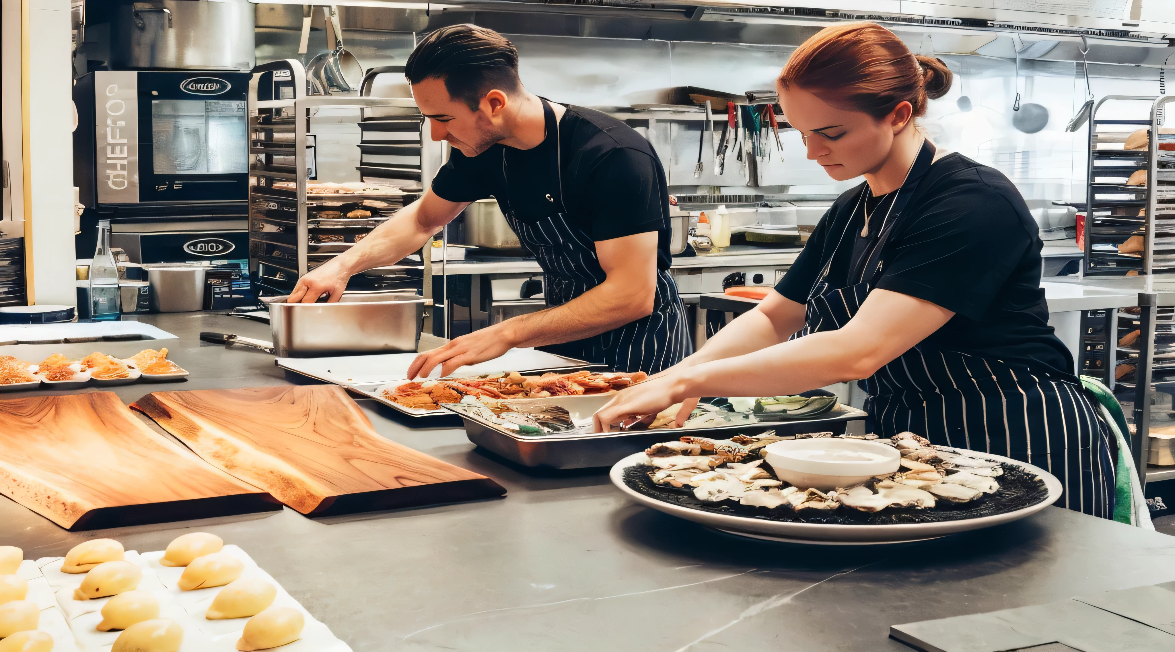 chefs preparing food in a commercial kitchen with a large counter, plating, chefs table, chef table, pexels, yummy, on a plate in a busy diner, professionally, precision, commercial photo, skilled, perfect detail, by Lee Loughridge, by Joe Bowler, hands on counter, by John Murdoch, subtle detailing, by Arabella Rankin, by Seb McKinnon